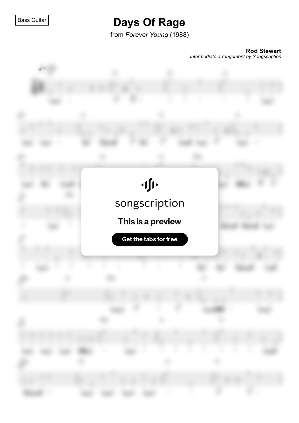 Intermediate Bass Guitar Tabs for "Days Of Rage" by Rod Stewart