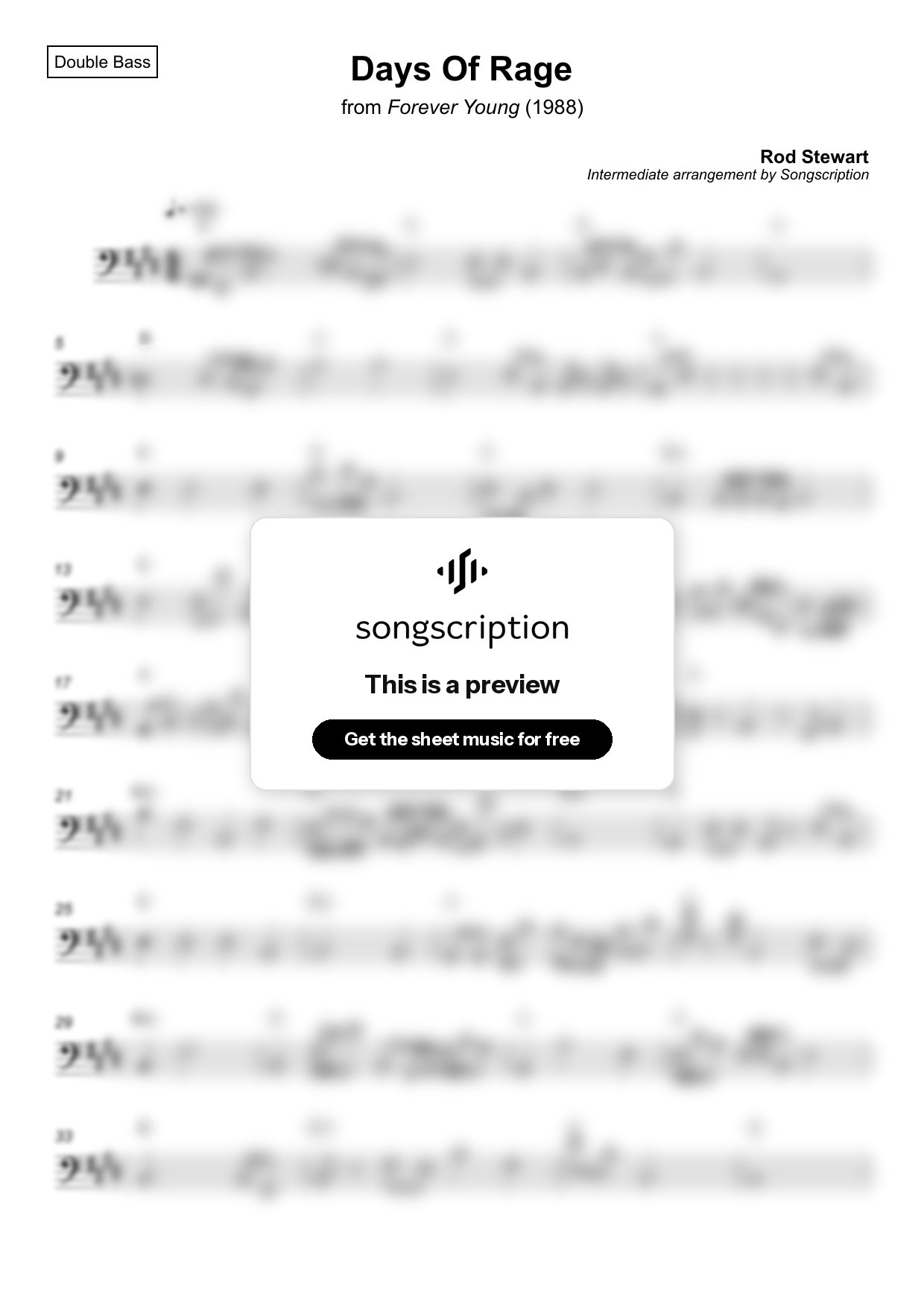 Intermediate Double Bass Sheet Music for "Days Of Rage" by Rod Stewart