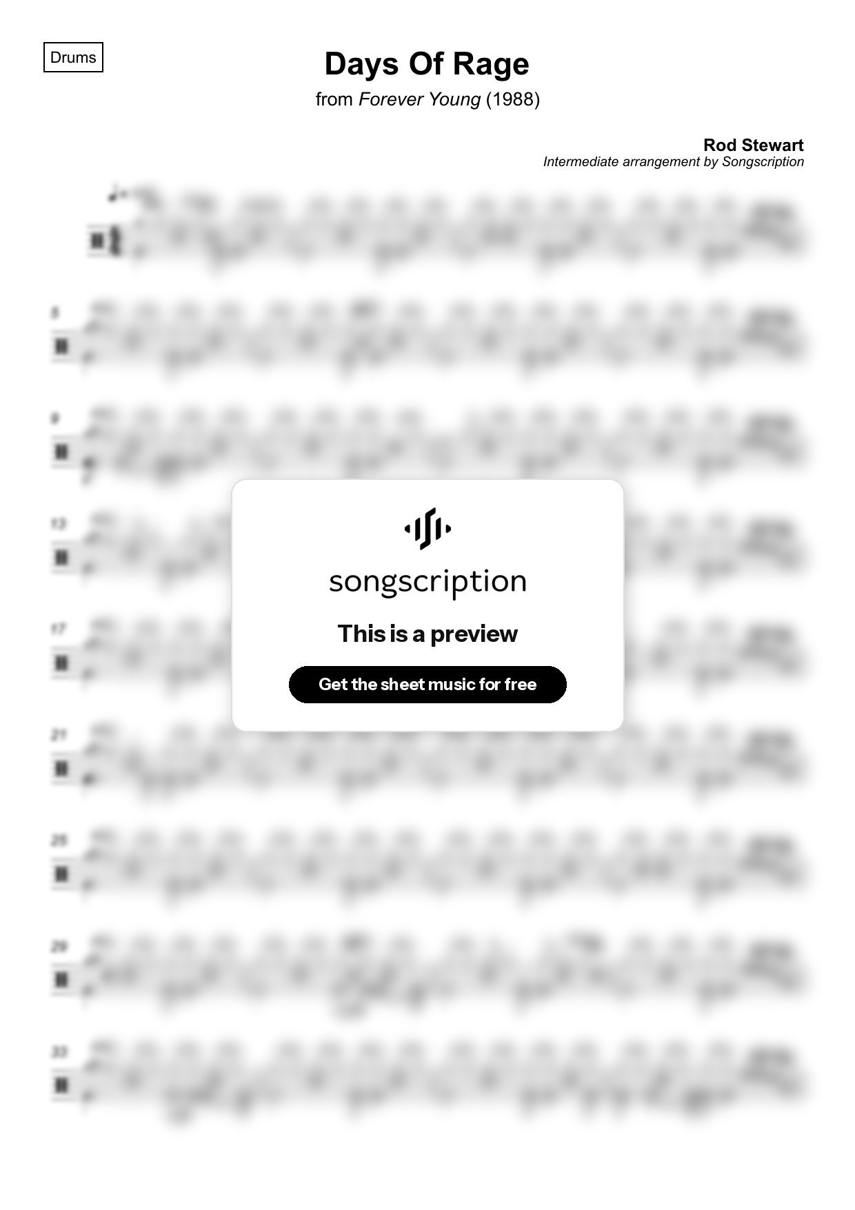Intermediate Drums Sheet Music for "Days Of Rage" by Rod Stewart