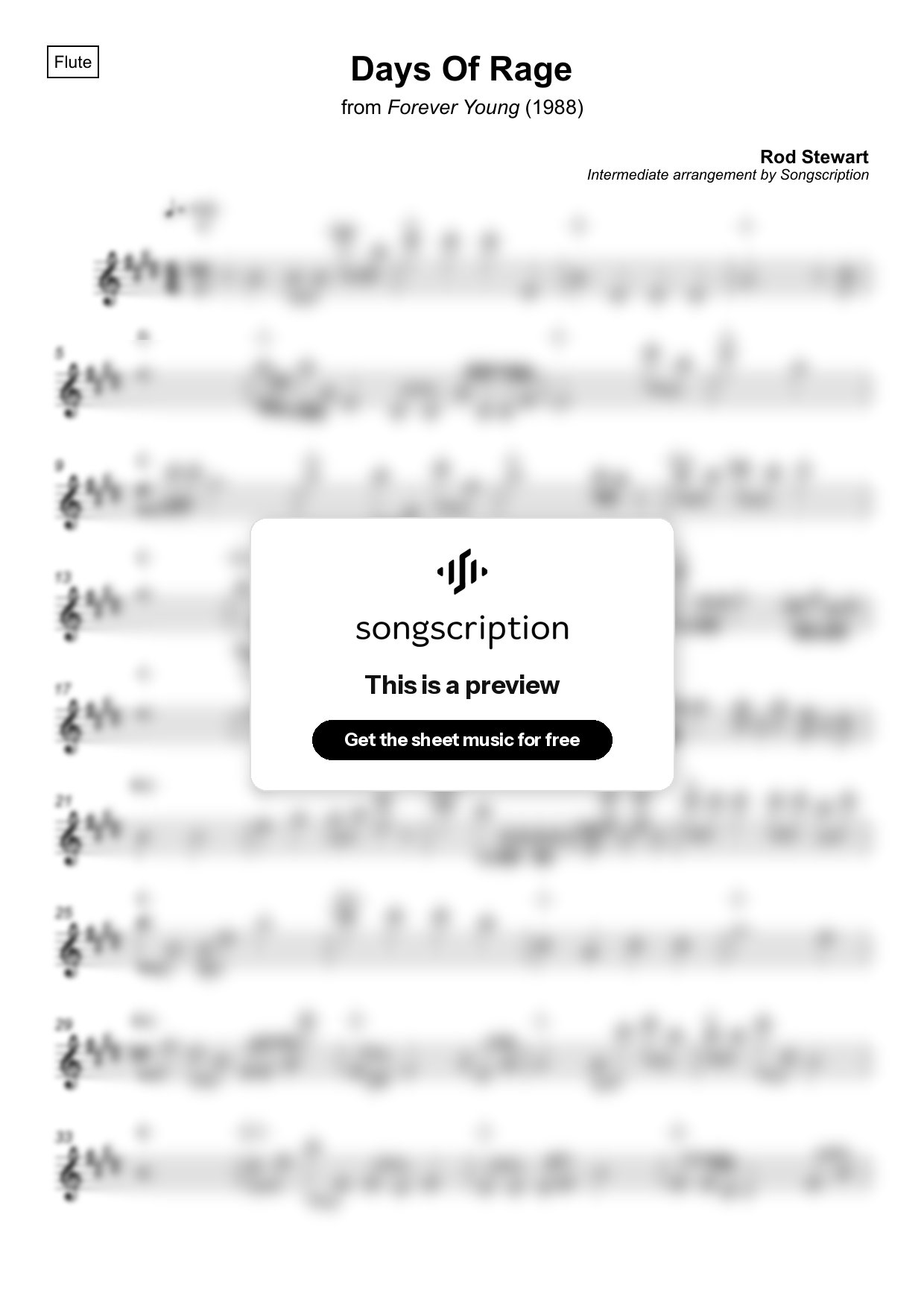Intermediate Flute Sheet Music for "Days Of Rage" by Rod Stewart
