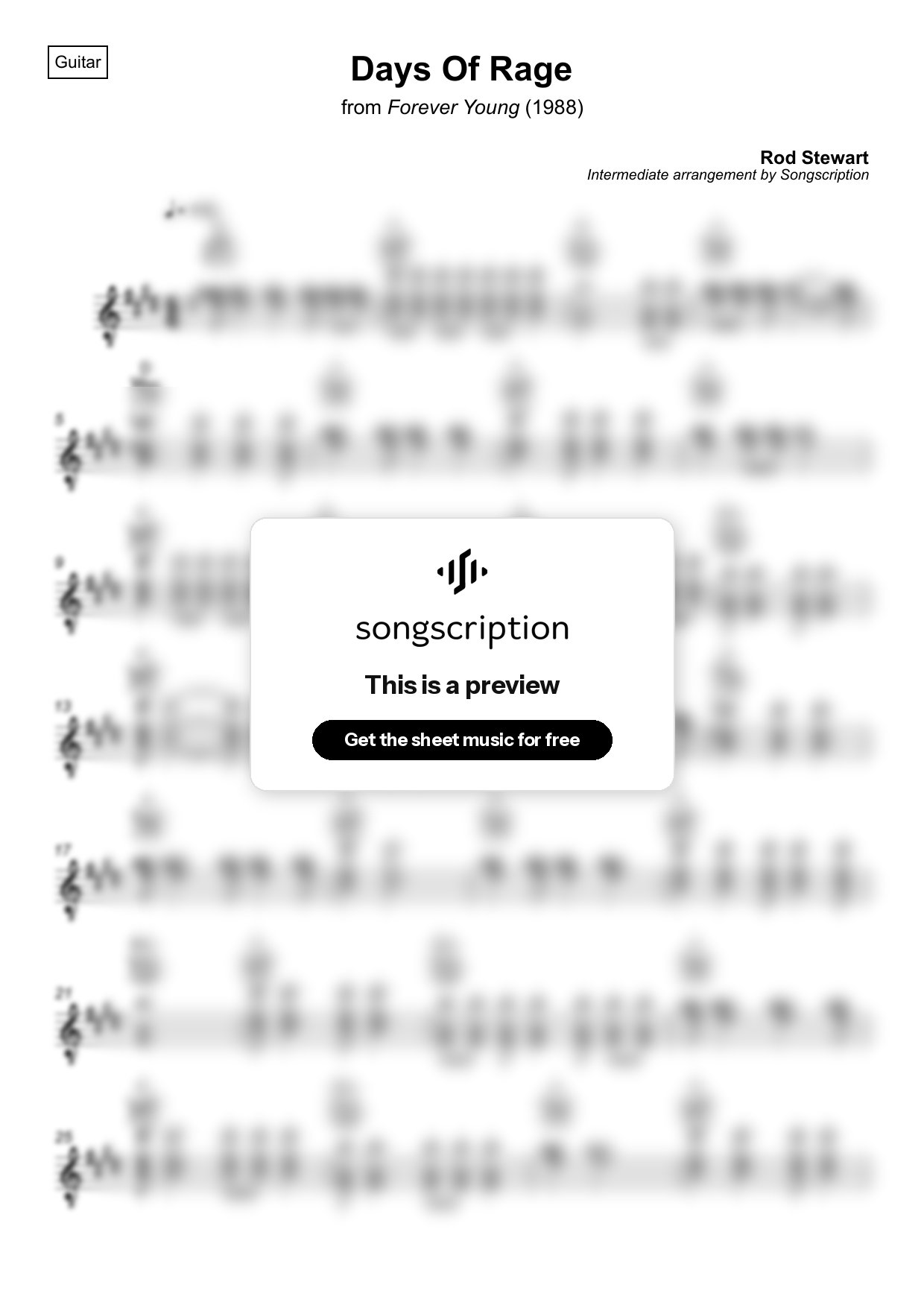 Intermediate Acoustic Guitar Sheet Music for "Days Of Rage" by Rod Stewart