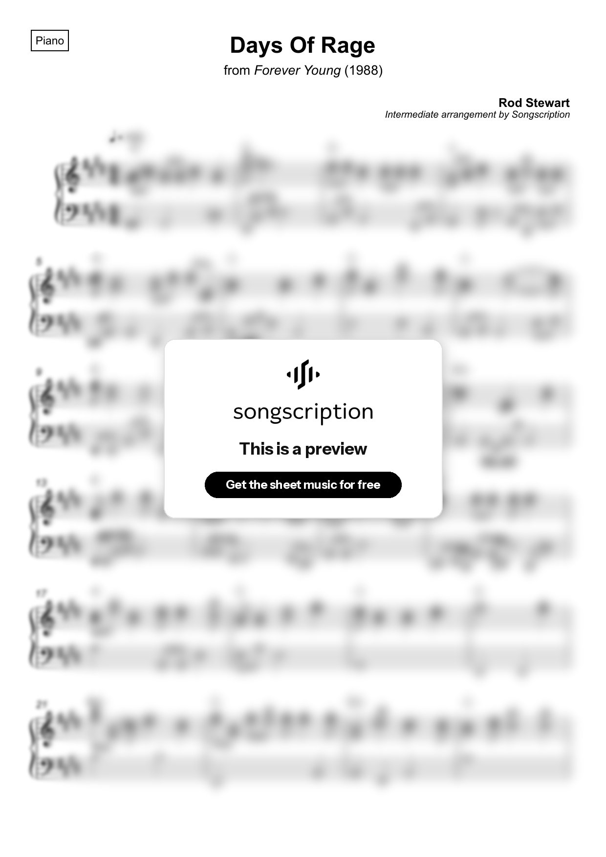 Intermediate Piano Sheet Music for "Days Of Rage" by Rod Stewart