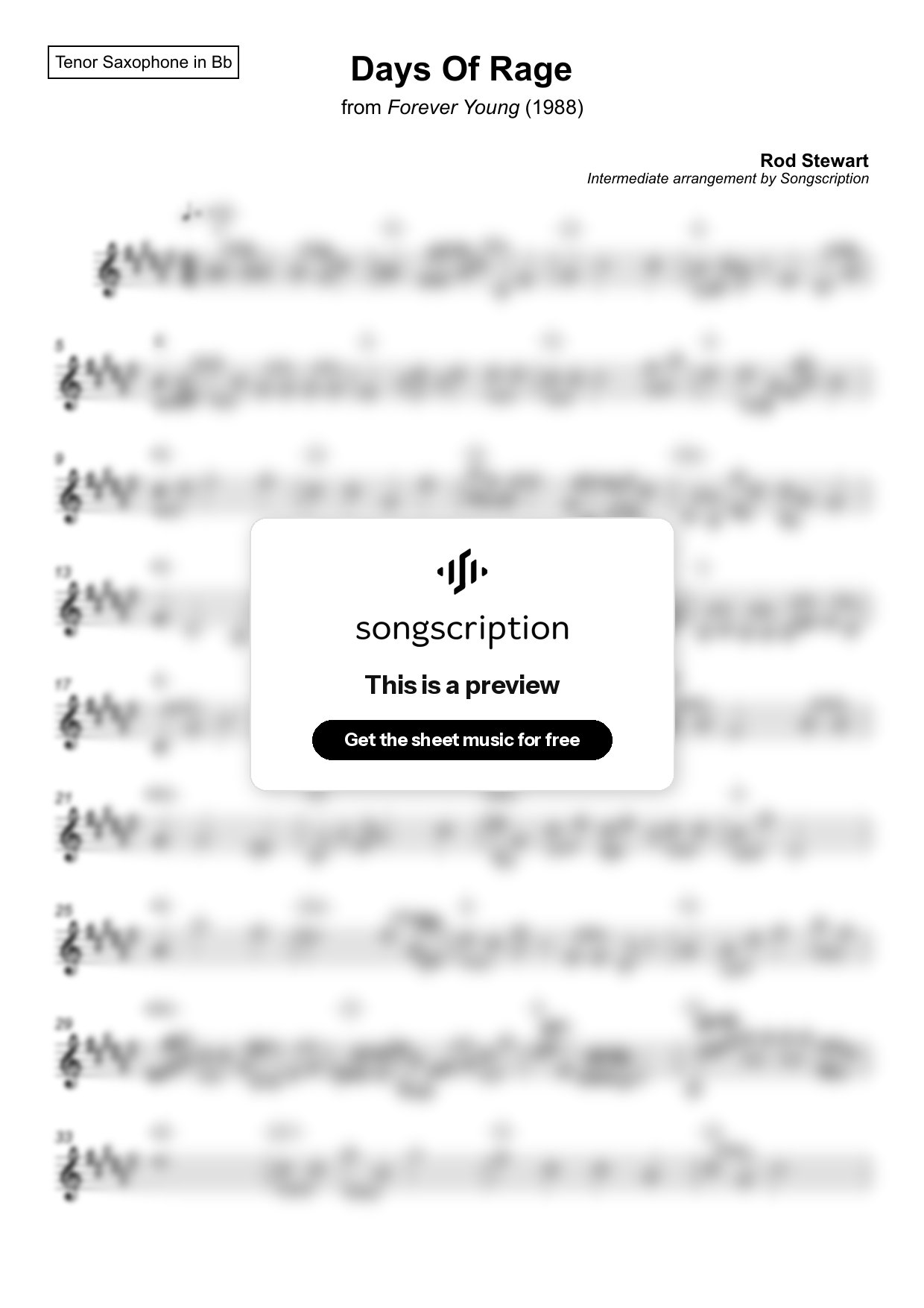 Intermediate Tenor Sax Sheet Music for "Days Of Rage" by Rod Stewart