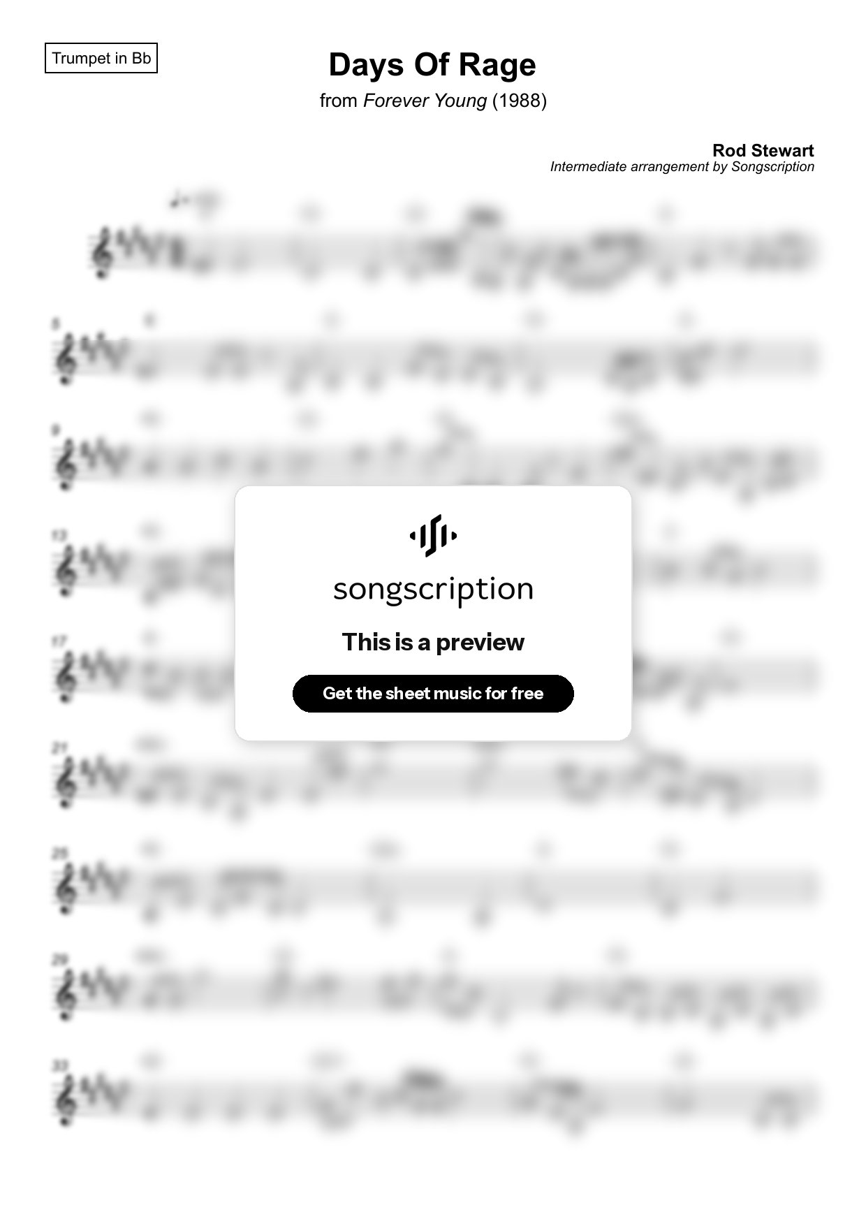 Intermediate Trumpet Sheet Music for "Days Of Rage" by Rod Stewart