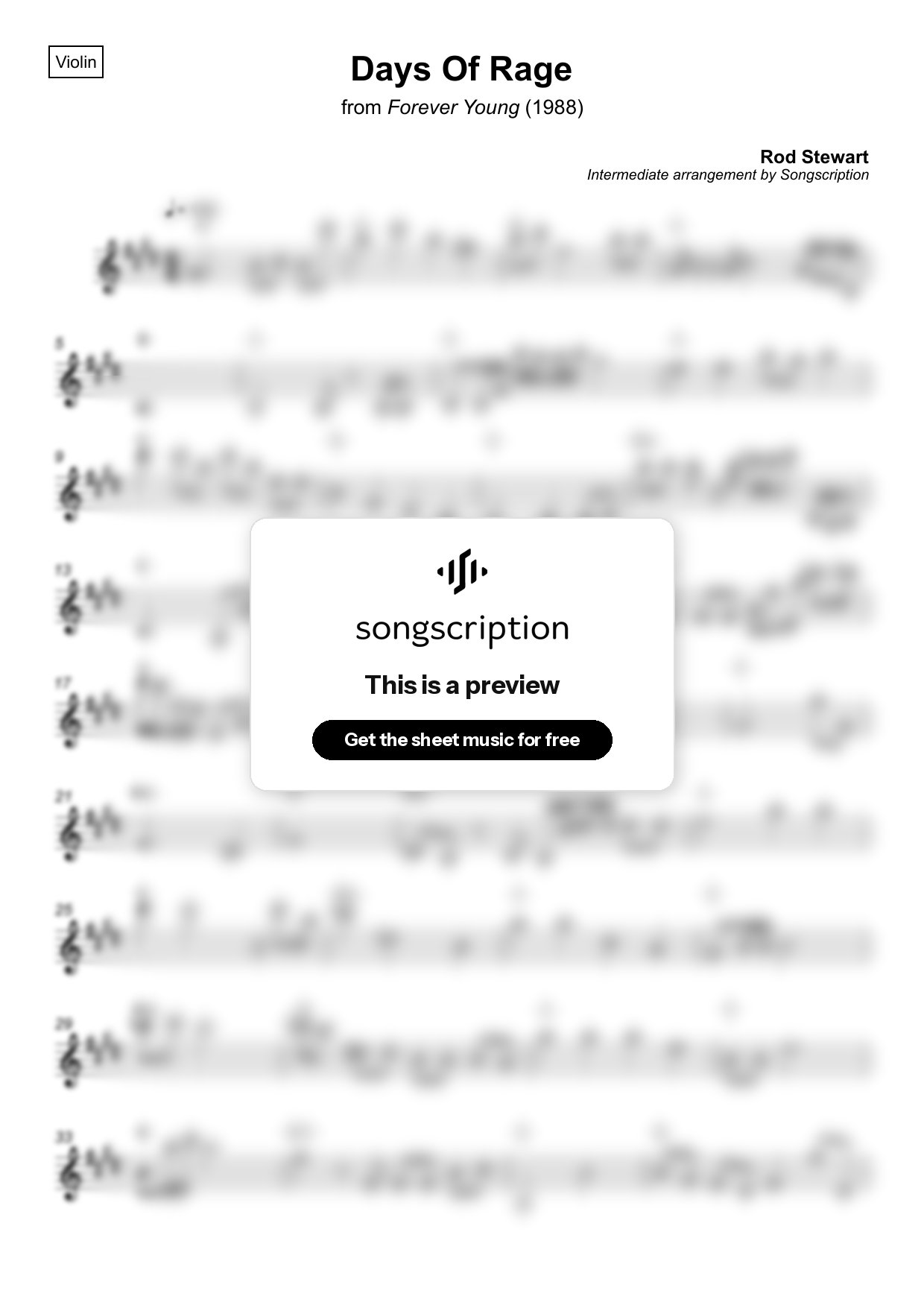 Intermediate Violin Sheet Music for "Days Of Rage" by Rod Stewart