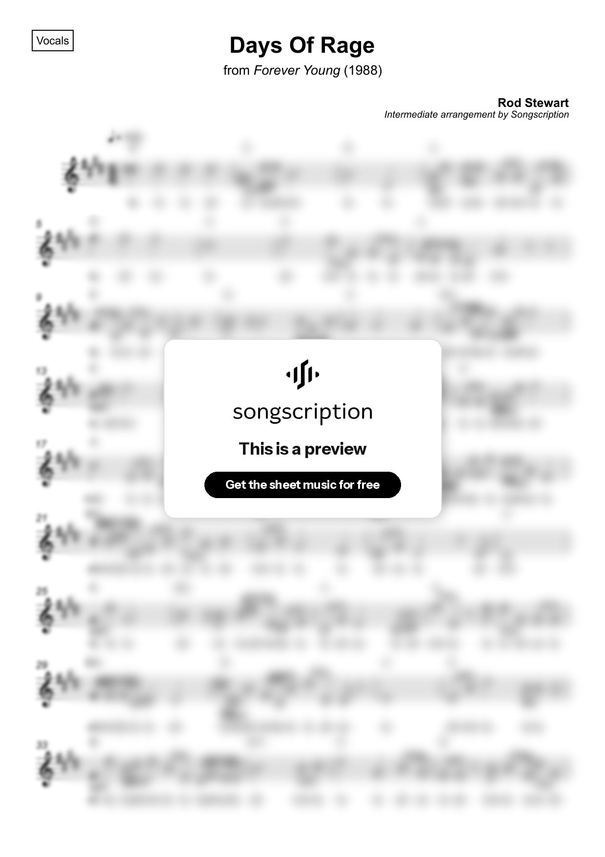 Intermediate Vocals Sheet Music for "Days Of Rage" by Rod Stewart