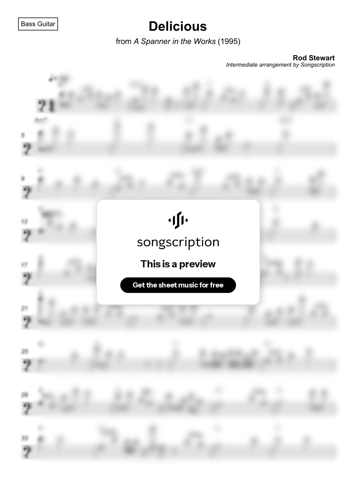 Intermediate Bass Guitar Sheet Music for "Delicious" by Rod Stewart