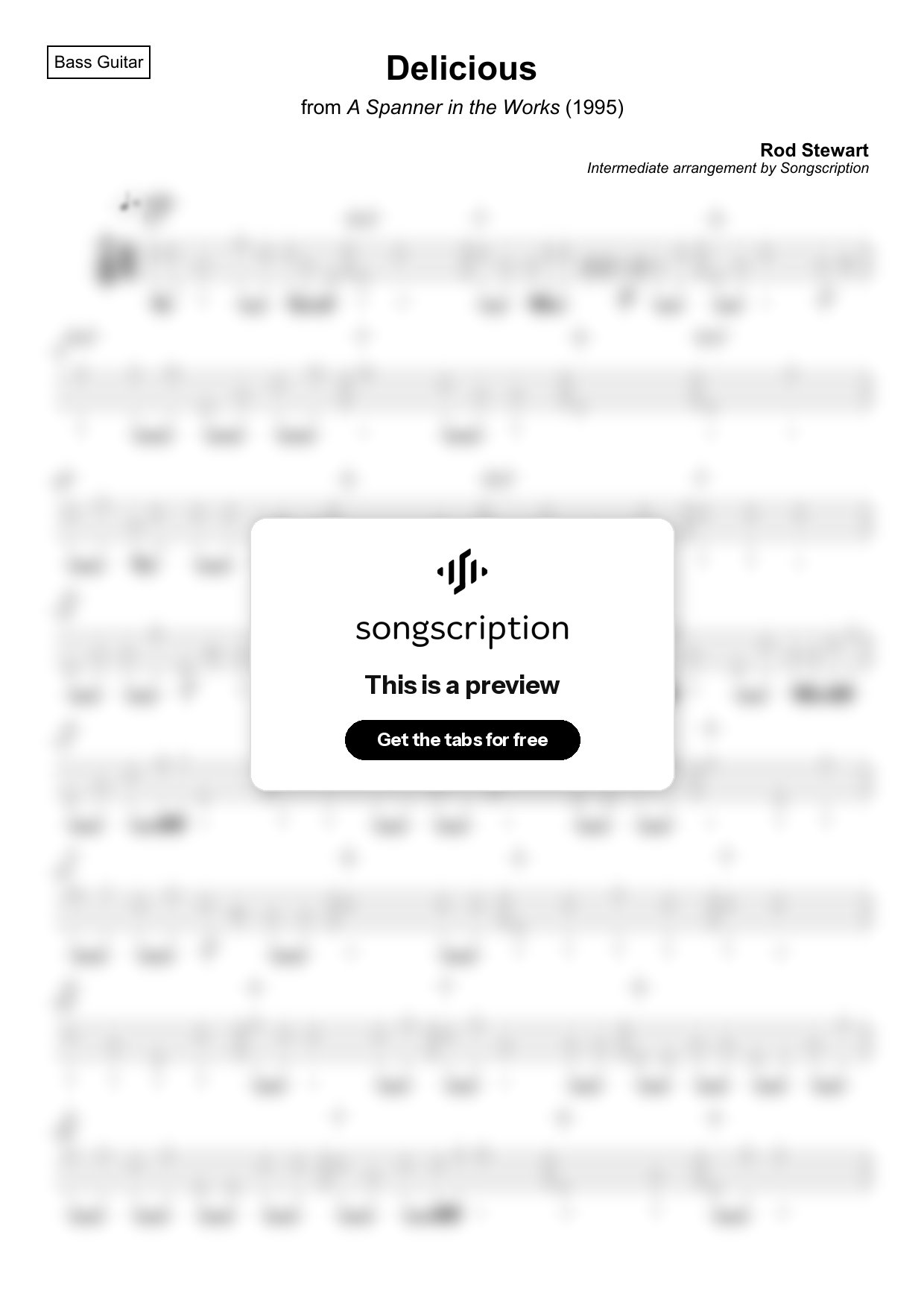 Intermediate Bass Guitar Tabs for "Delicious" by Rod Stewart