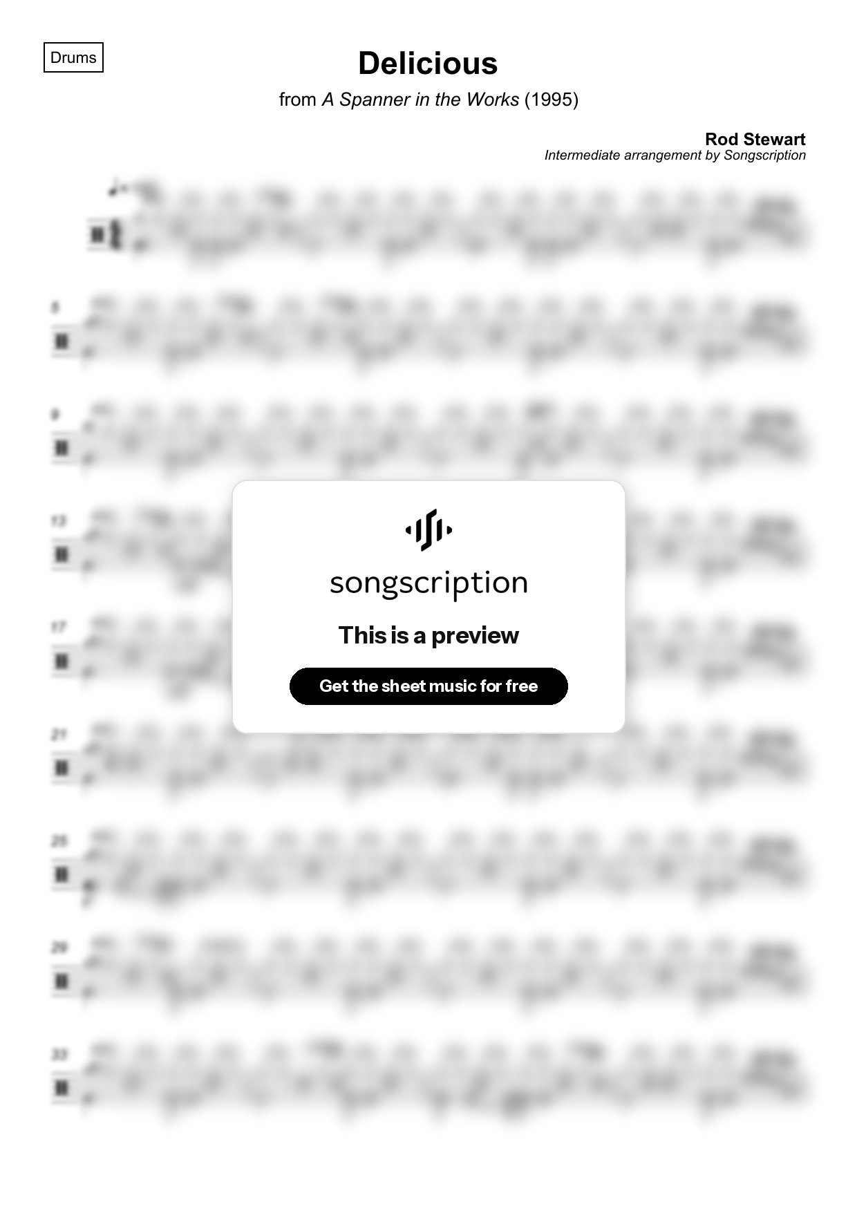Intermediate Drums Sheet Music for "Delicious" by Rod Stewart