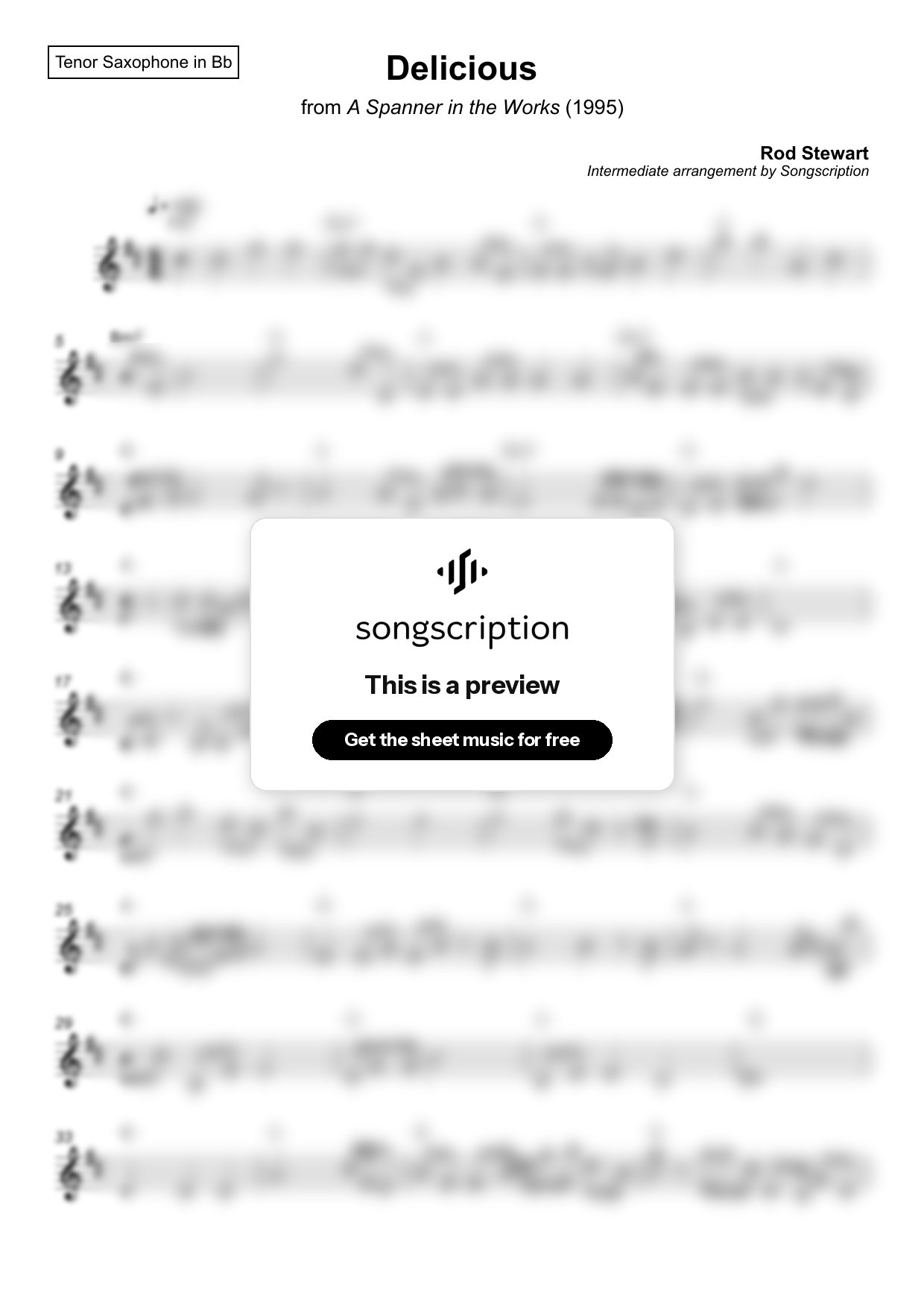Intermediate Tenor Sax Sheet Music for "Delicious" by Rod Stewart
