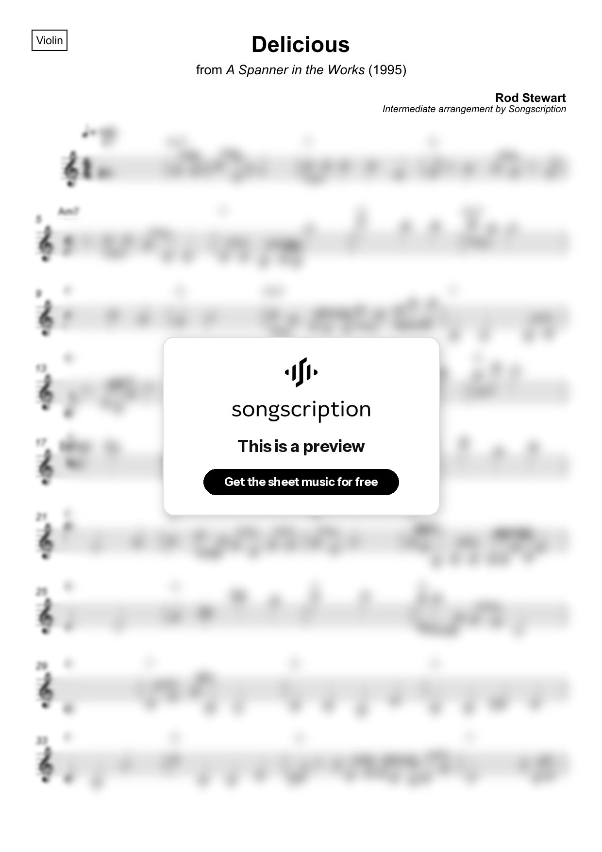Intermediate Violin Sheet Music for "Delicious" by Rod Stewart