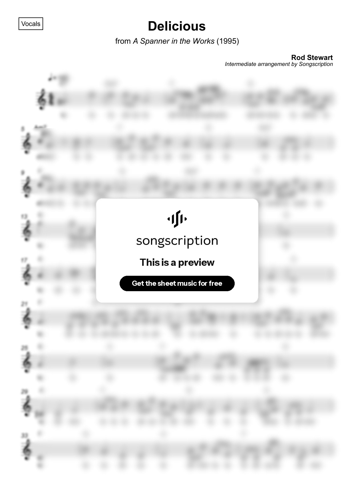 Intermediate Vocals Sheet Music for "Delicious" by Rod Stewart