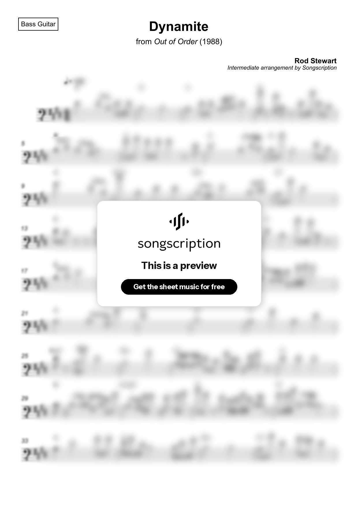 Intermediate Bass Guitar Sheet Music for "Dynamite" by Rod Stewart