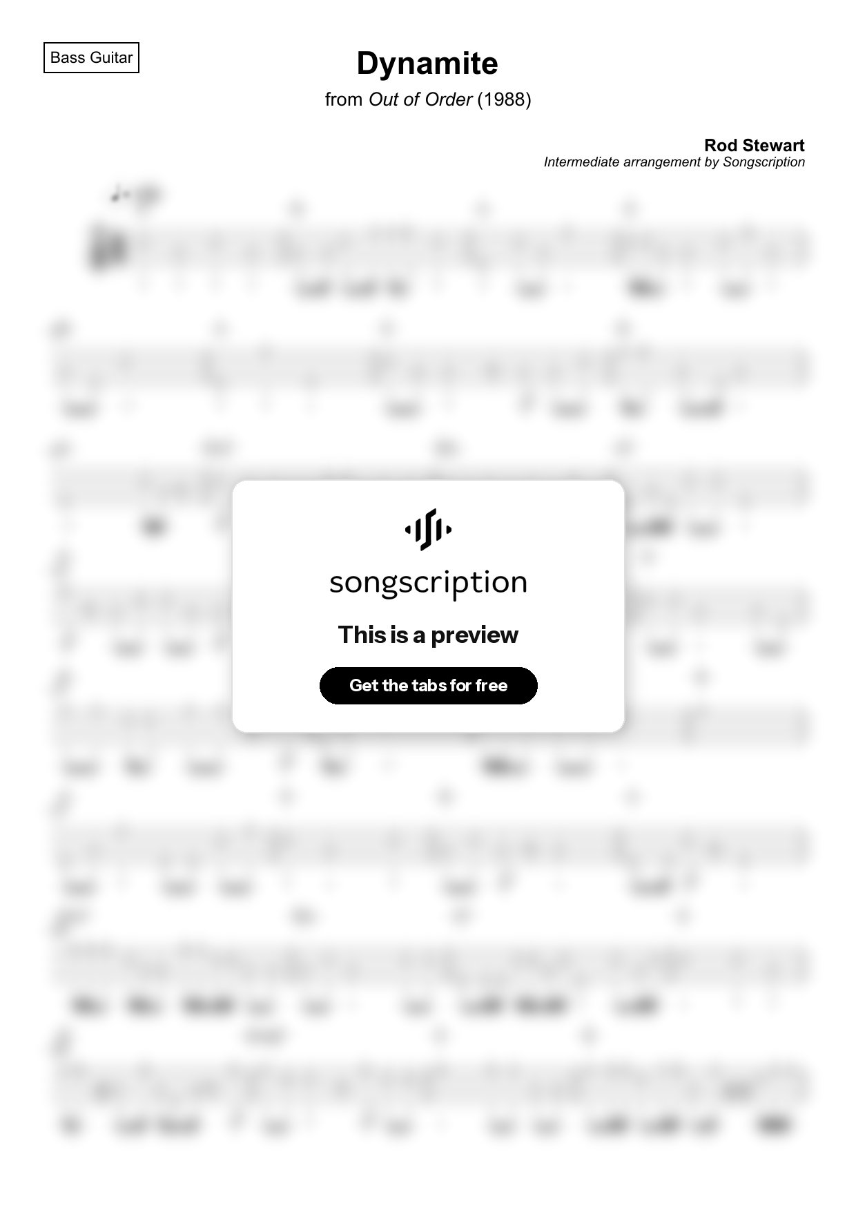 Intermediate Bass Guitar Tabs for "Dynamite" by Rod Stewart