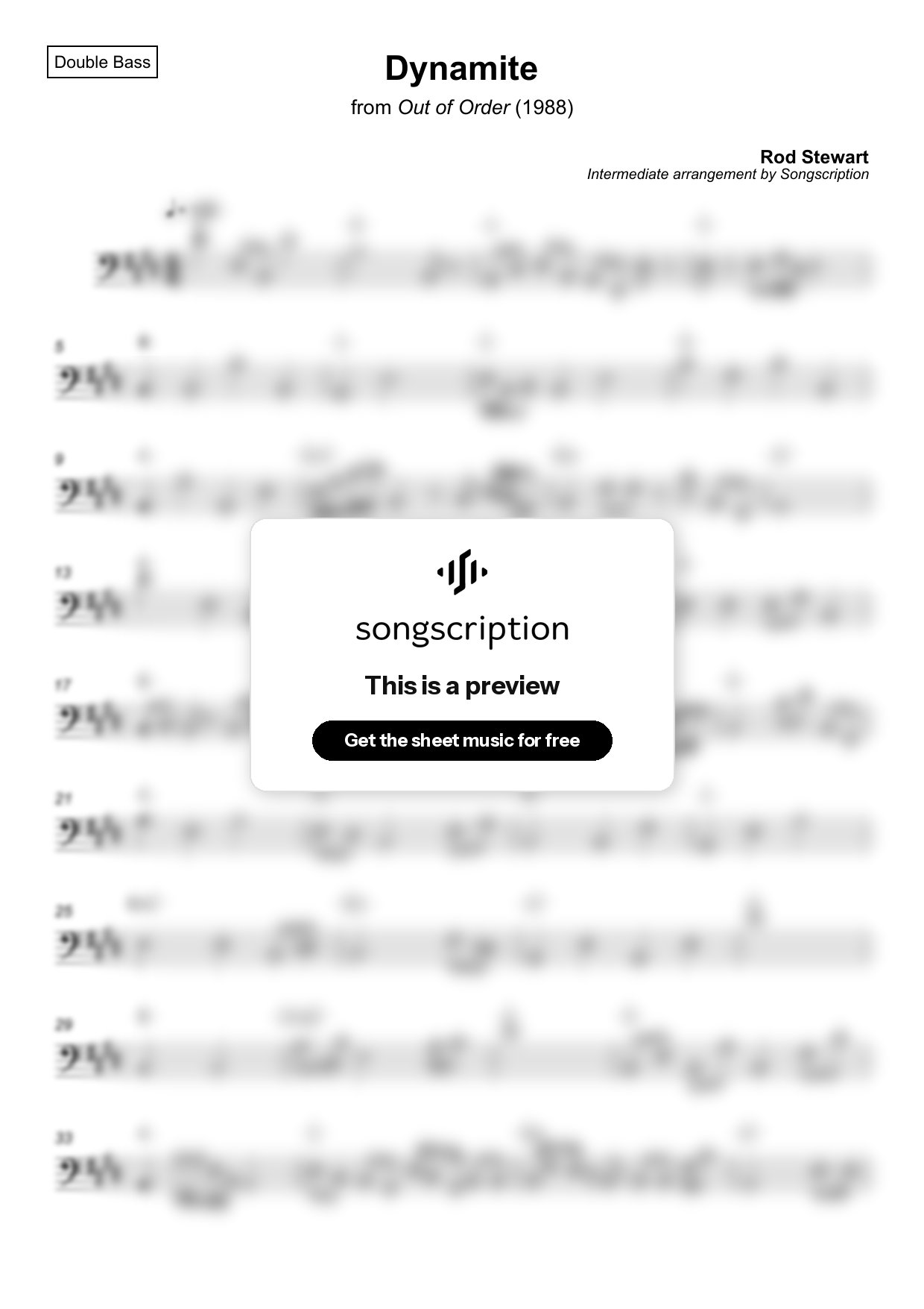 Intermediate Double Bass Sheet Music for "Dynamite" by Rod Stewart