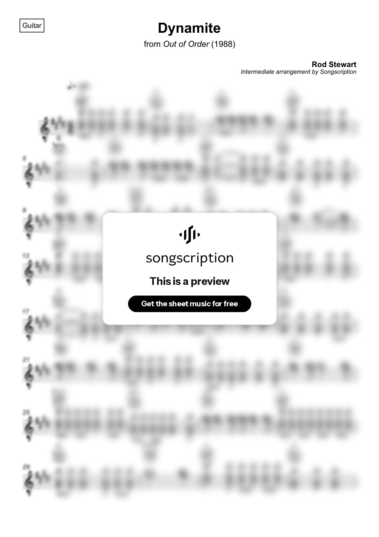 Intermediate Acoustic Guitar Sheet Music for "Dynamite" by Rod Stewart
