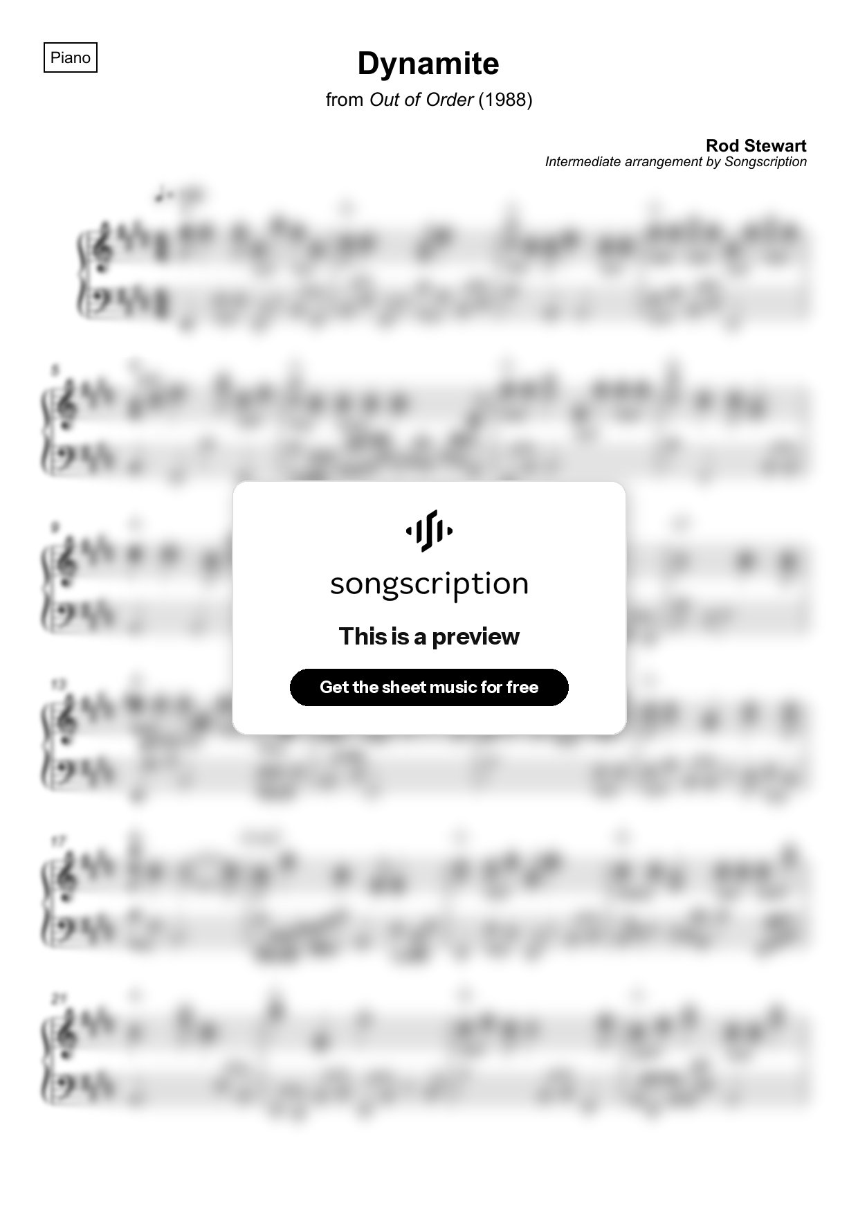 Intermediate Piano Sheet Music for "Dynamite" by Rod Stewart