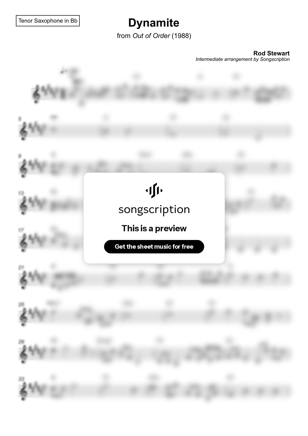 Intermediate Tenor Sax Sheet Music for "Dynamite" by Rod Stewart