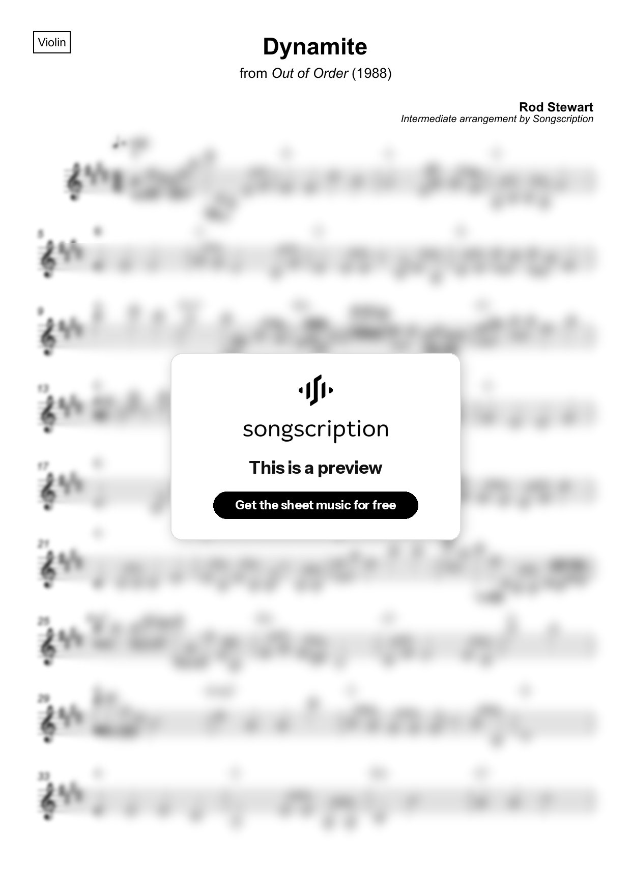 Intermediate Violin Sheet Music for "Dynamite" by Rod Stewart