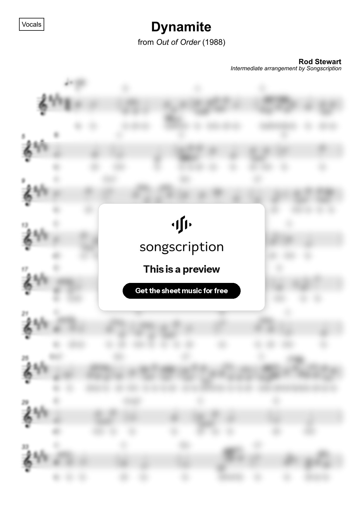Intermediate Vocals Sheet Music for "Dynamite" by Rod Stewart