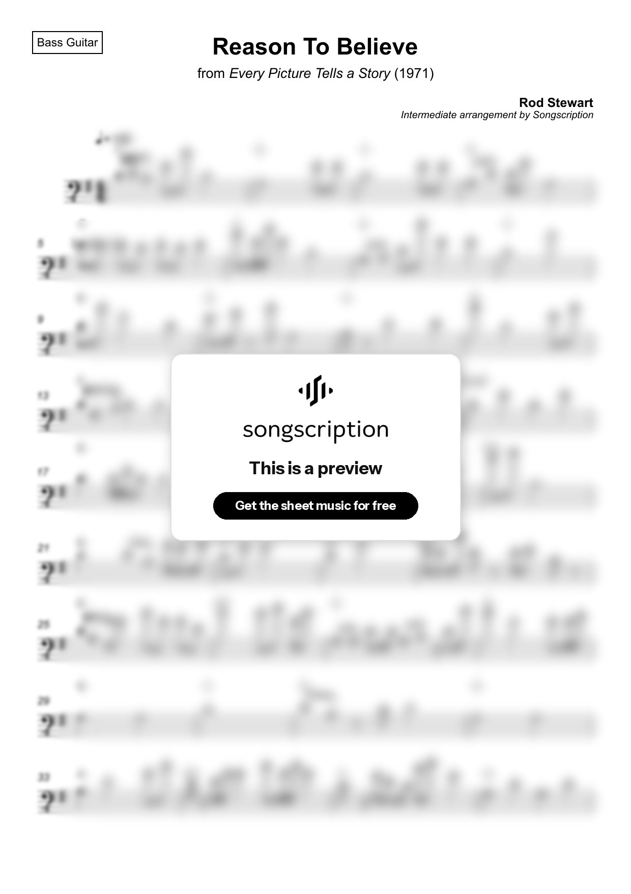 Intermediate Bass Guitar Sheet Music for "Reason To Believe" by Rod Stewart