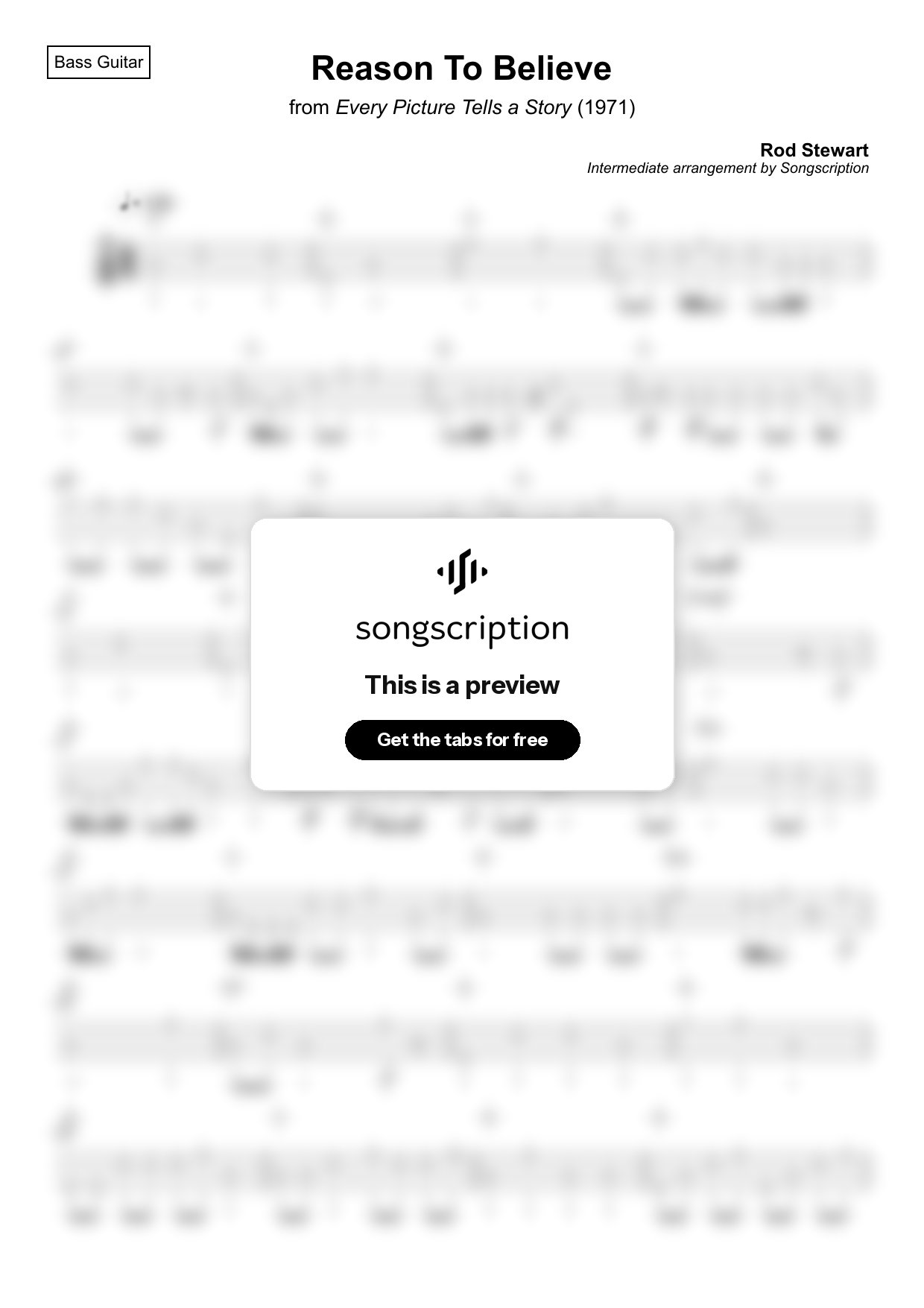 Intermediate Bass Guitar Tabs for "Reason To Believe" by Rod Stewart