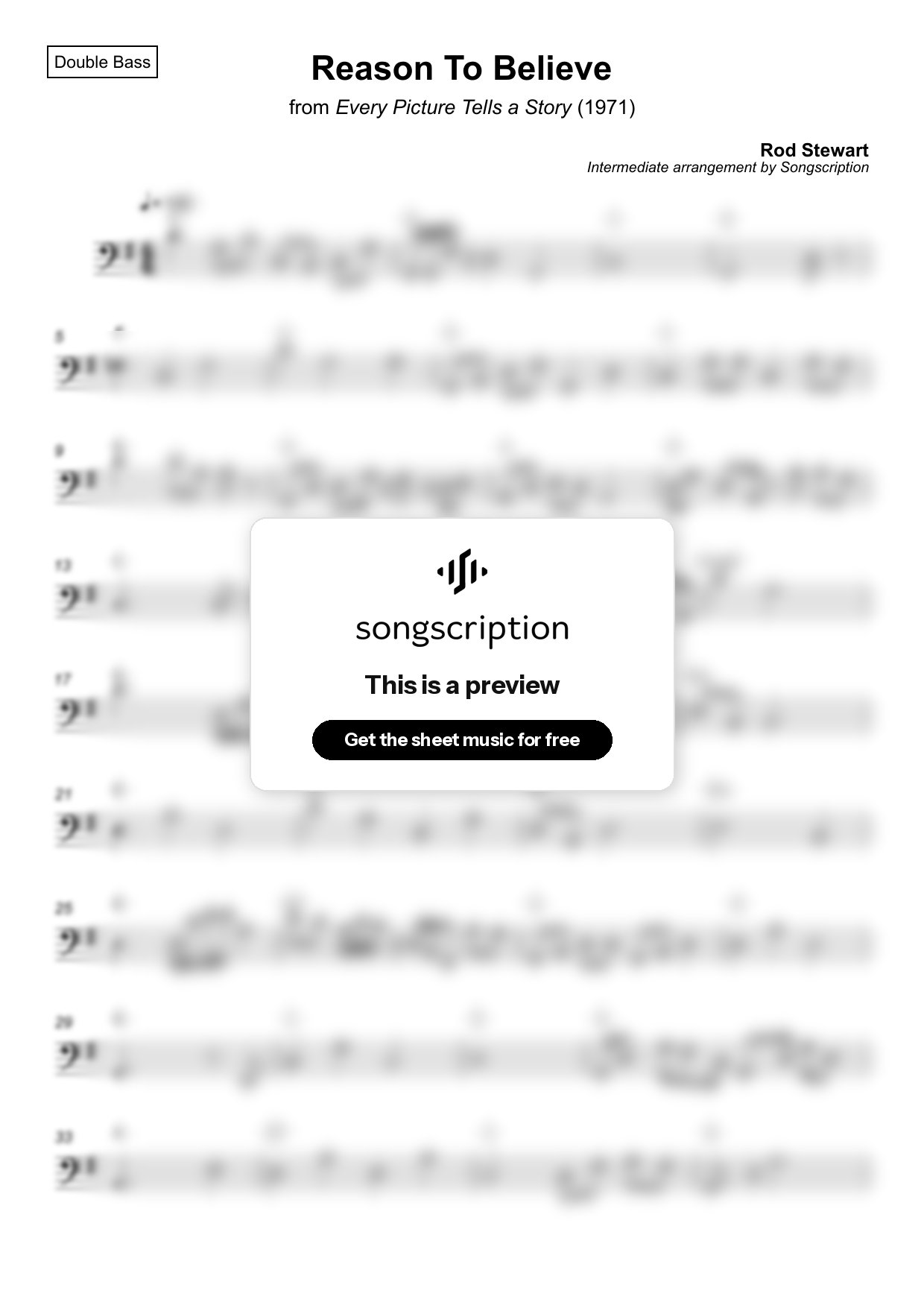 Intermediate Double Bass Sheet Music for "Reason To Believe" by Rod Stewart