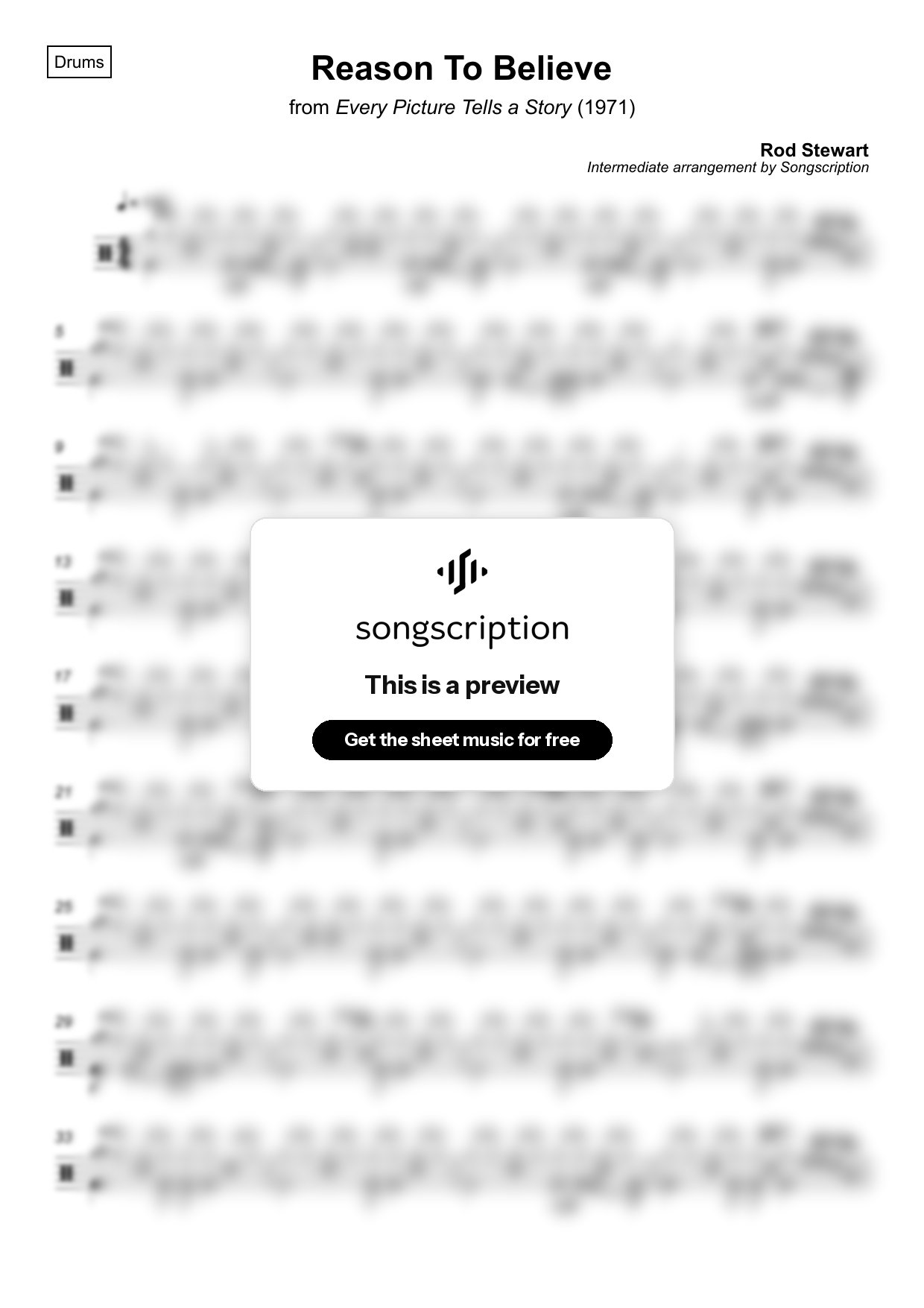 Intermediate Drums Sheet Music for "Reason To Believe" by Rod Stewart