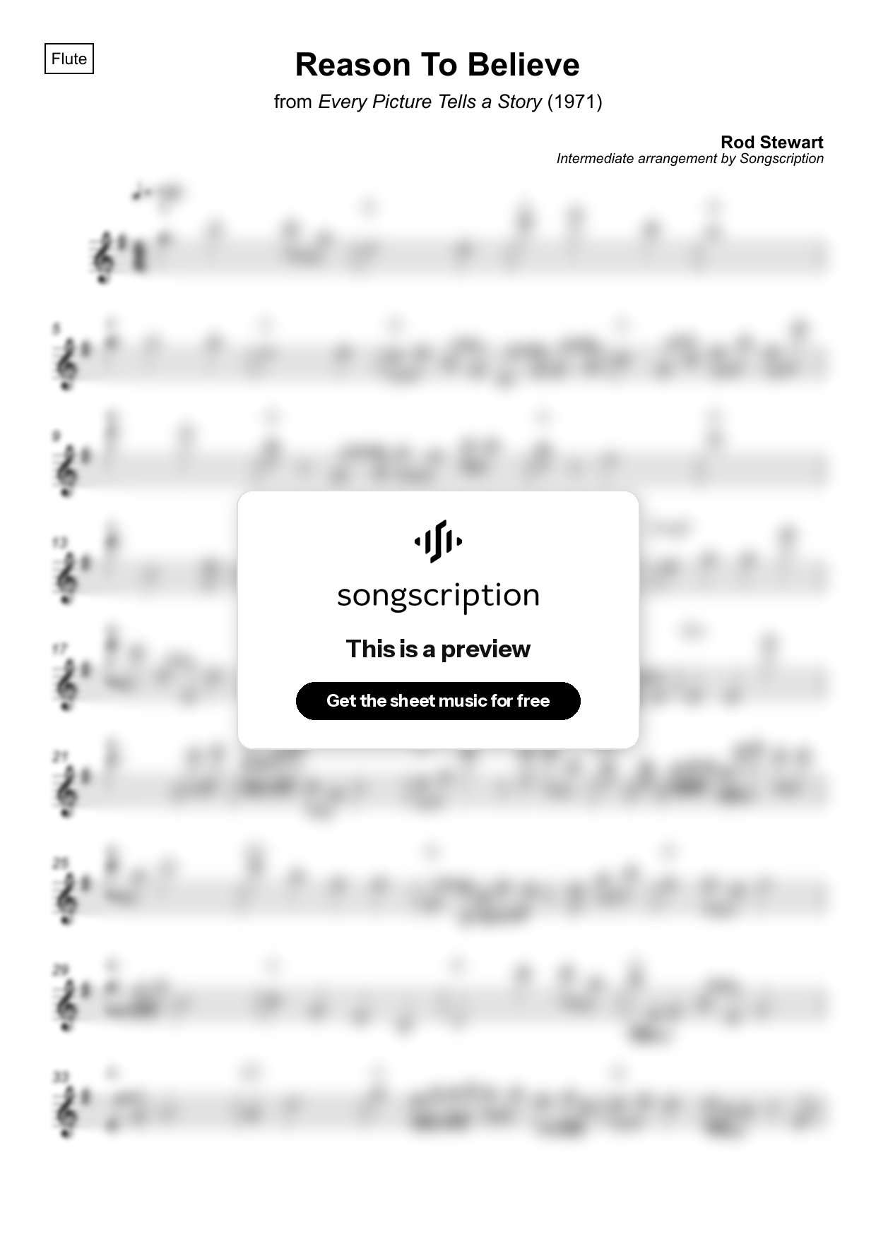 Intermediate Flute Sheet Music for "Reason To Believe" by Rod Stewart