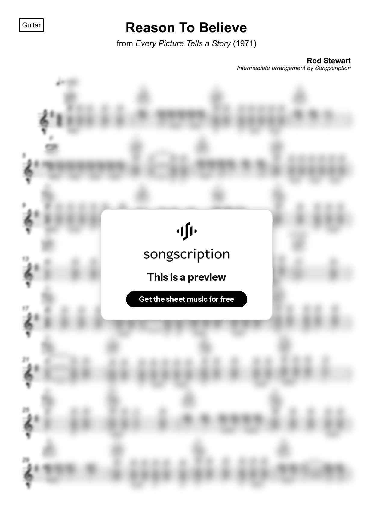 Intermediate Acoustic Guitar Sheet Music for "Reason To Believe" by Rod Stewart