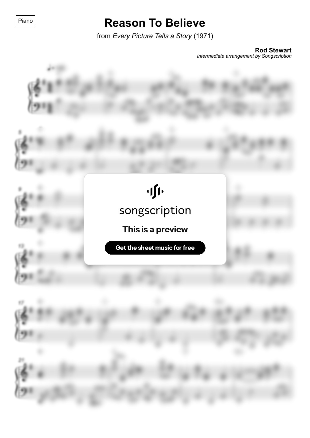 Intermediate Piano Sheet Music for "Reason To Believe" by Rod Stewart
