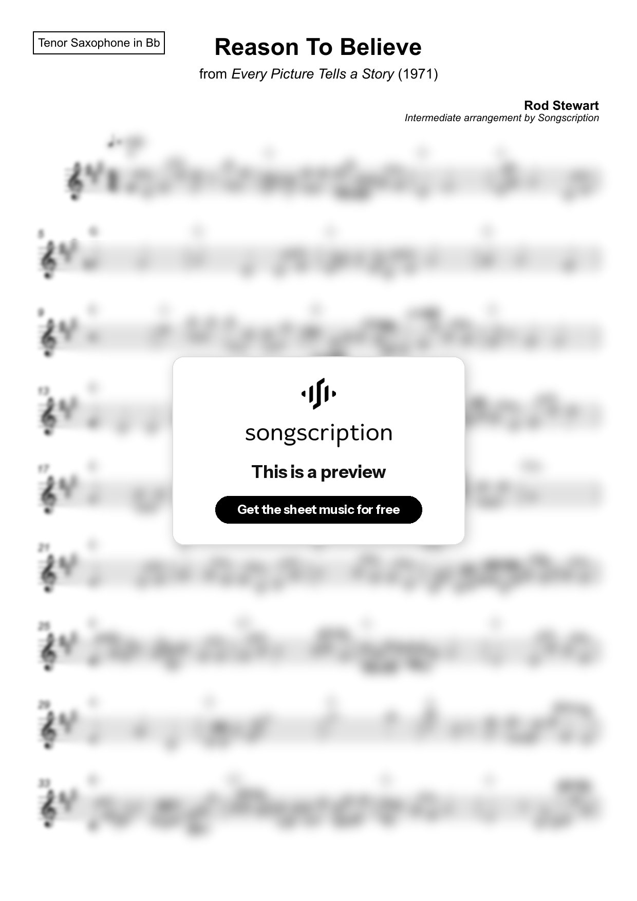 Intermediate Tenor Sax Sheet Music for "Reason To Believe" by Rod Stewart