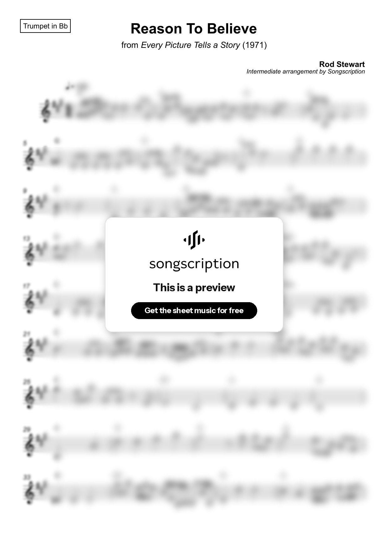 Intermediate Trumpet Sheet Music for "Reason To Believe" by Rod Stewart