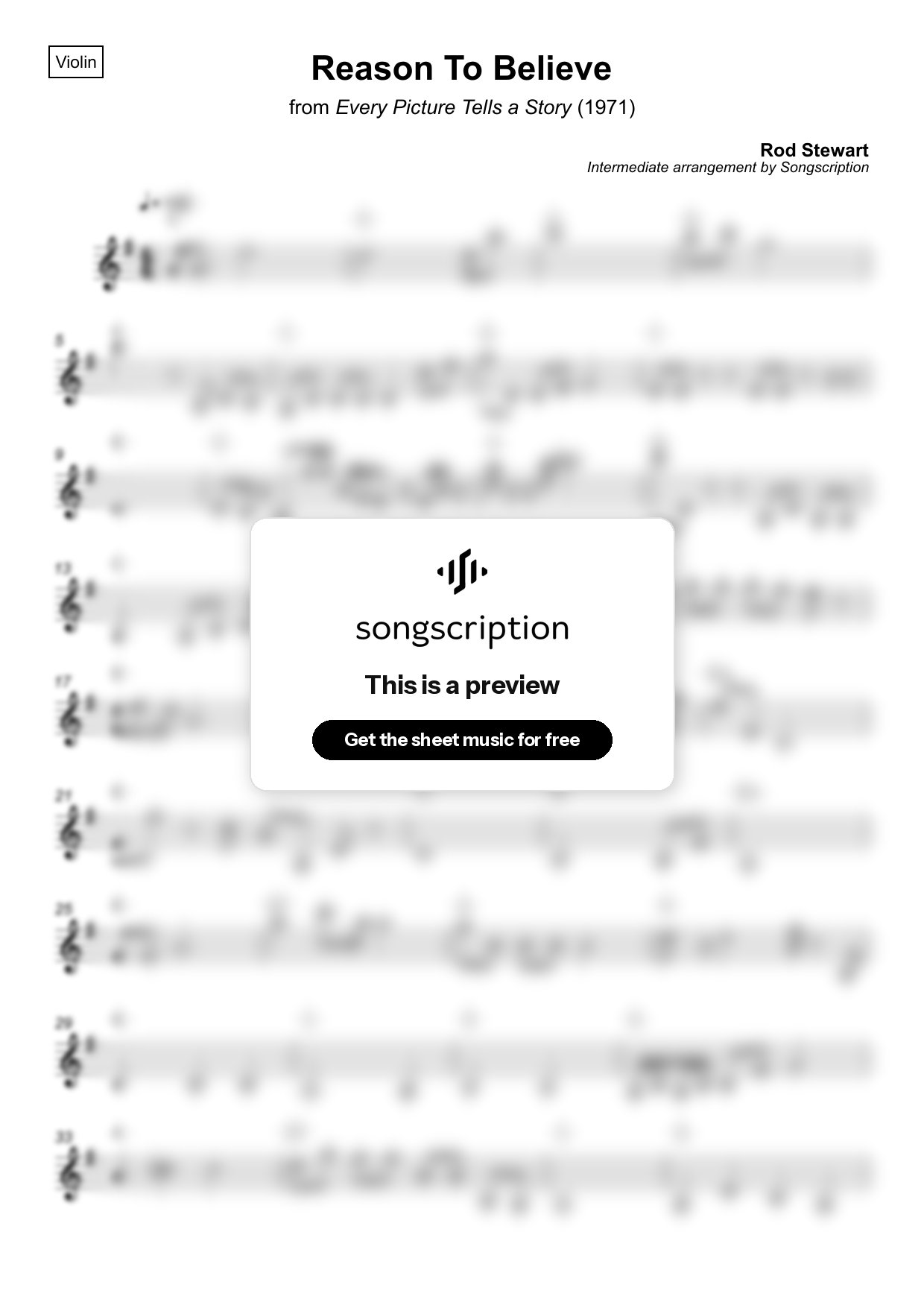 Intermediate Violin Sheet Music for "Reason To Believe" by Rod Stewart