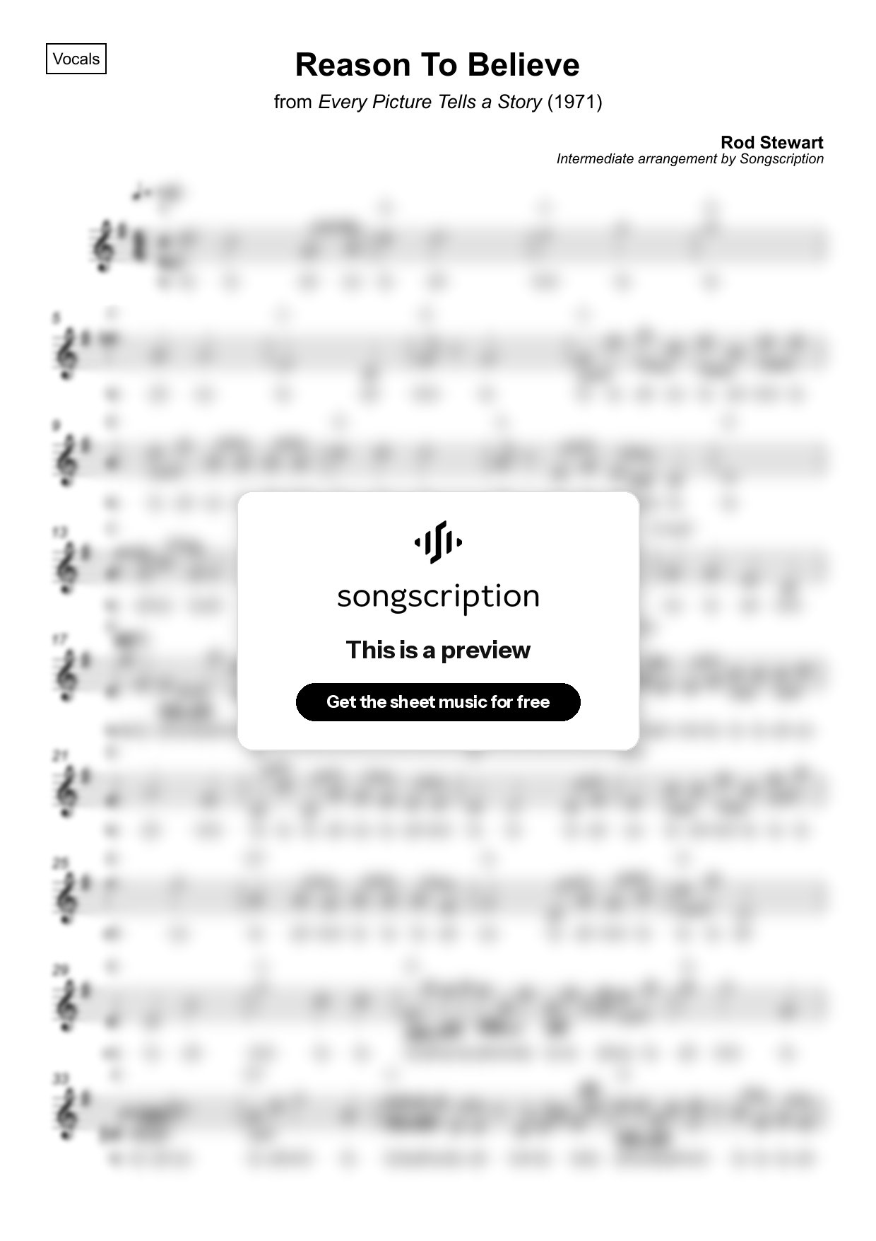 Intermediate Vocals Sheet Music for "Reason To Believe" by Rod Stewart