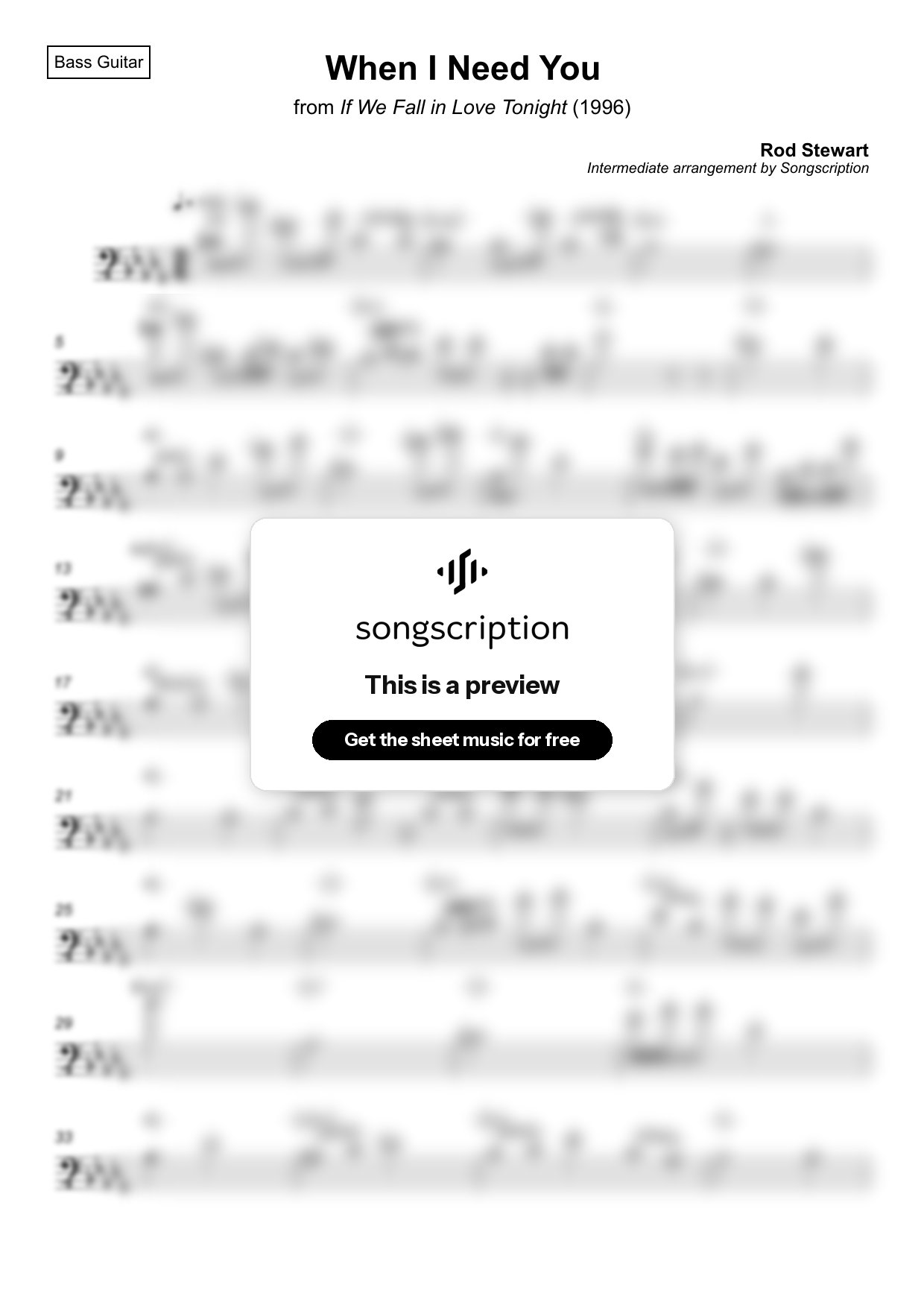 Intermediate Bass Guitar Sheet Music for "When I Need You" by Rod Stewart