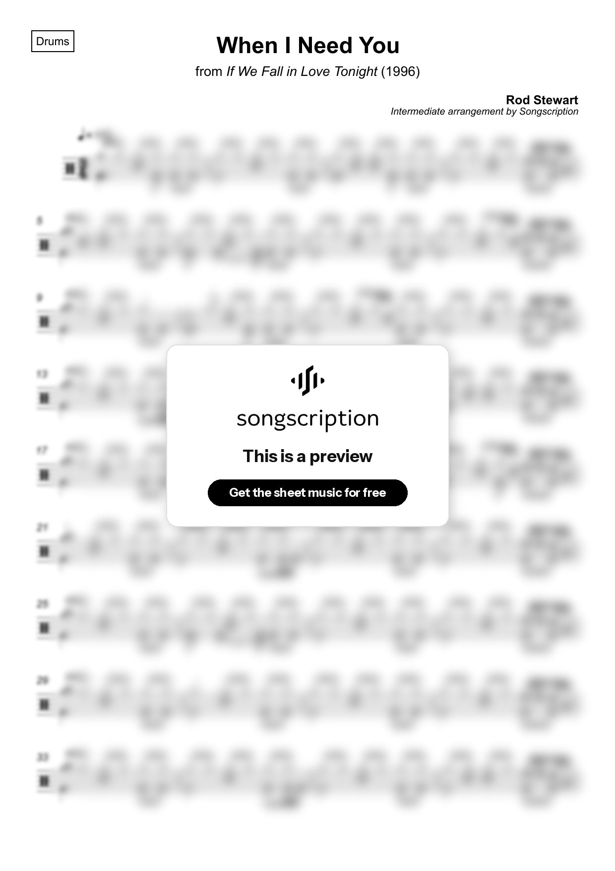 Intermediate Drums Sheet Music for "When I Need You" by Rod Stewart