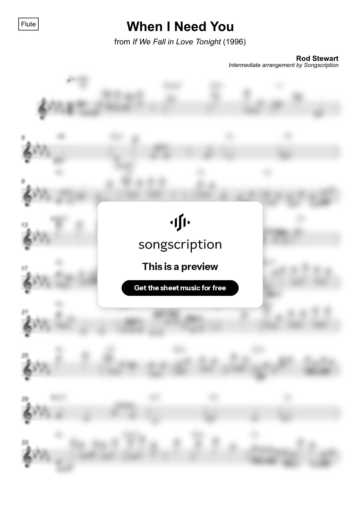 Intermediate Flute Sheet Music for "When I Need You" by Rod Stewart