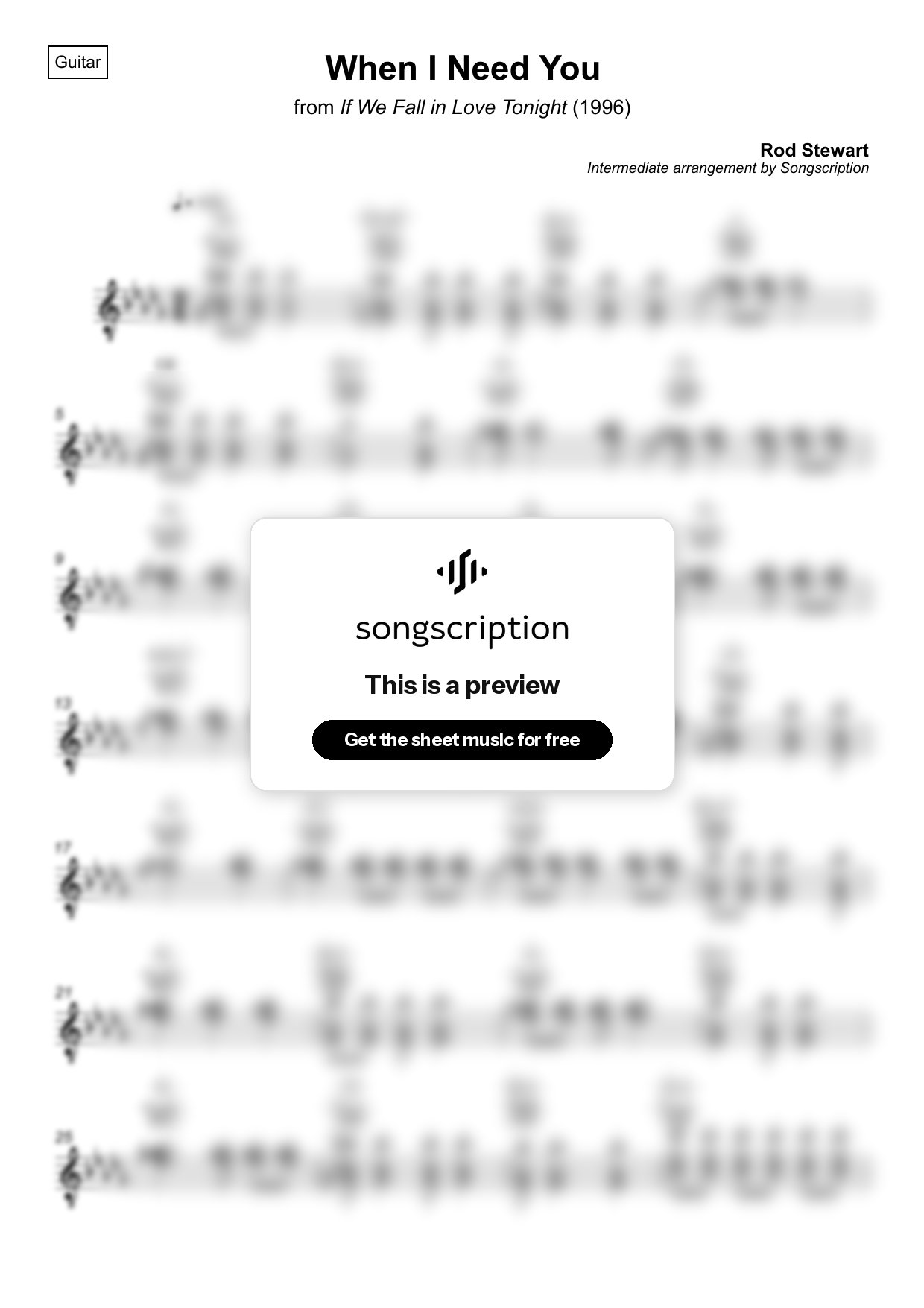 Intermediate Acoustic Guitar Sheet Music for "When I Need You" by Rod Stewart