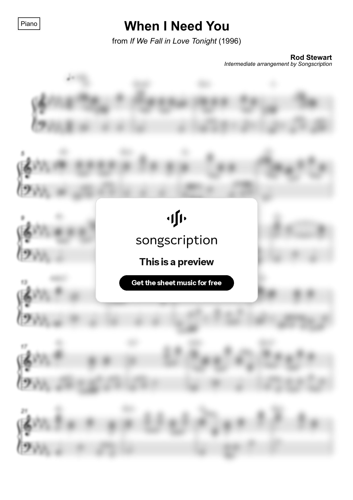 Intermediate Piano Sheet Music for "When I Need You" by Rod Stewart