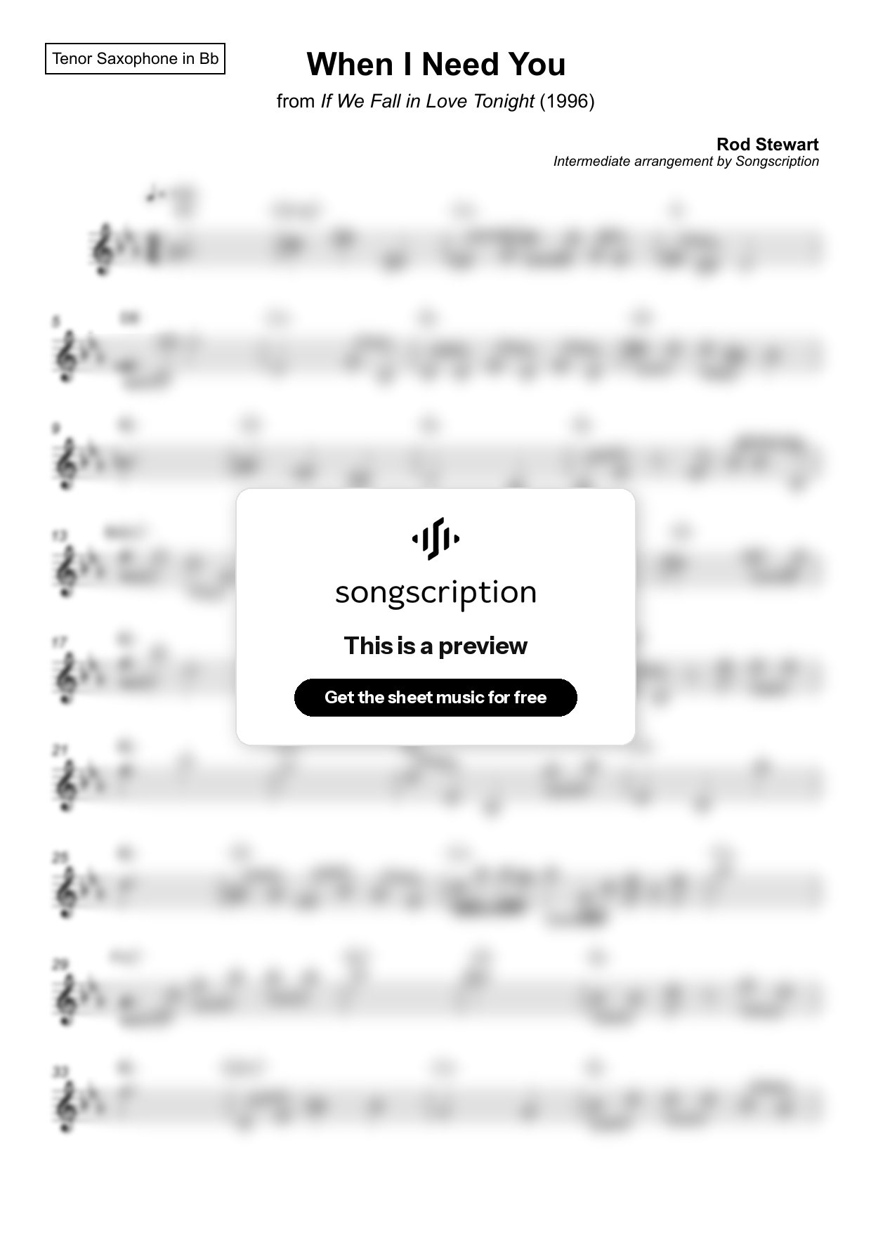 Intermediate Tenor Sax Sheet Music for "When I Need You" by Rod Stewart