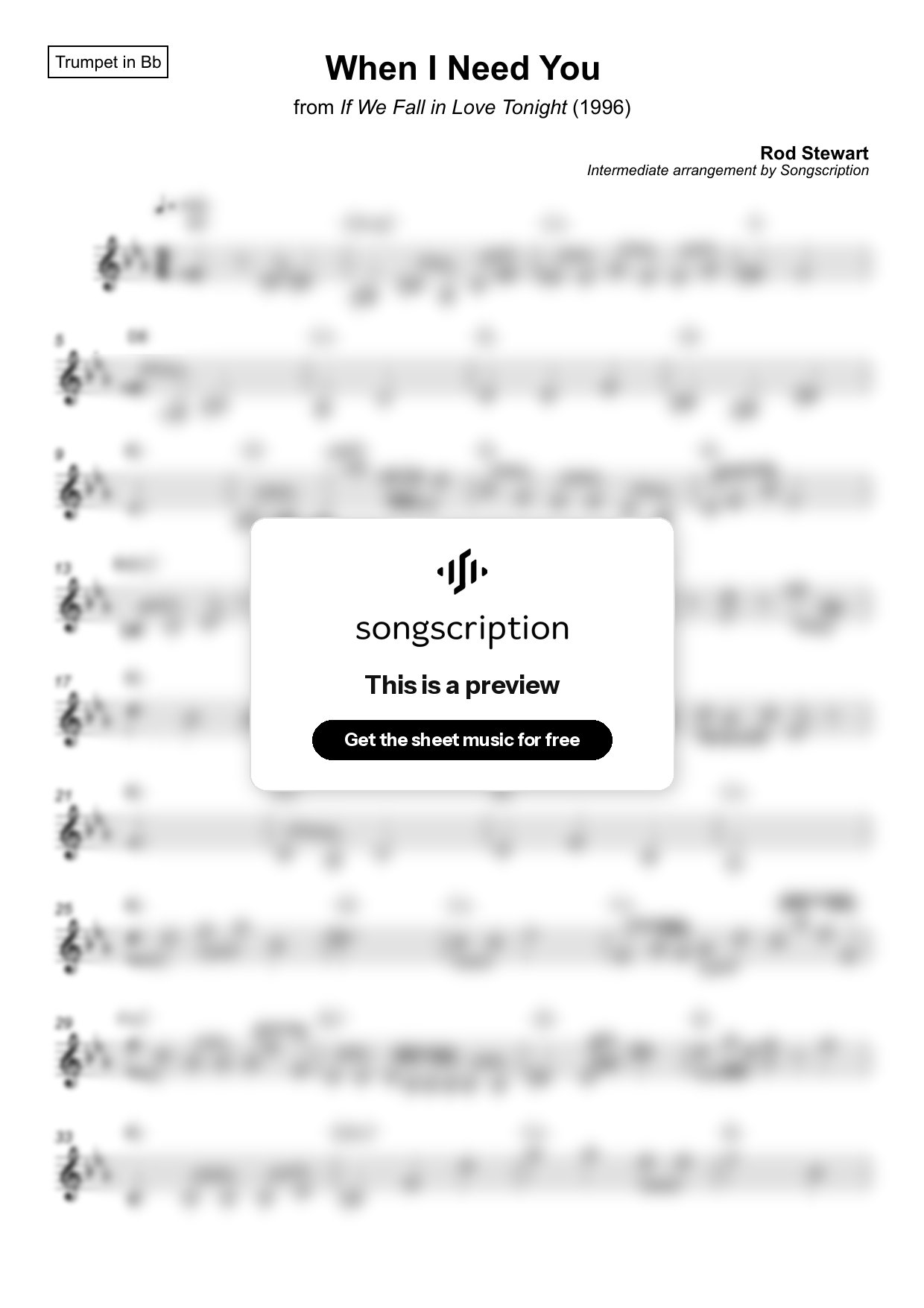 Intermediate Trumpet Sheet Music for "When I Need You" by Rod Stewart