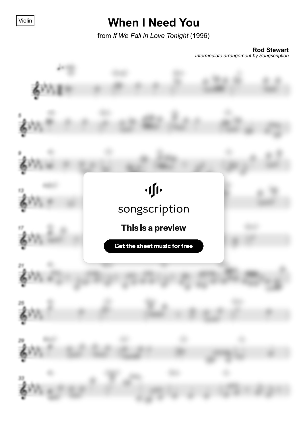 Intermediate Violin Sheet Music for "When I Need You" by Rod Stewart