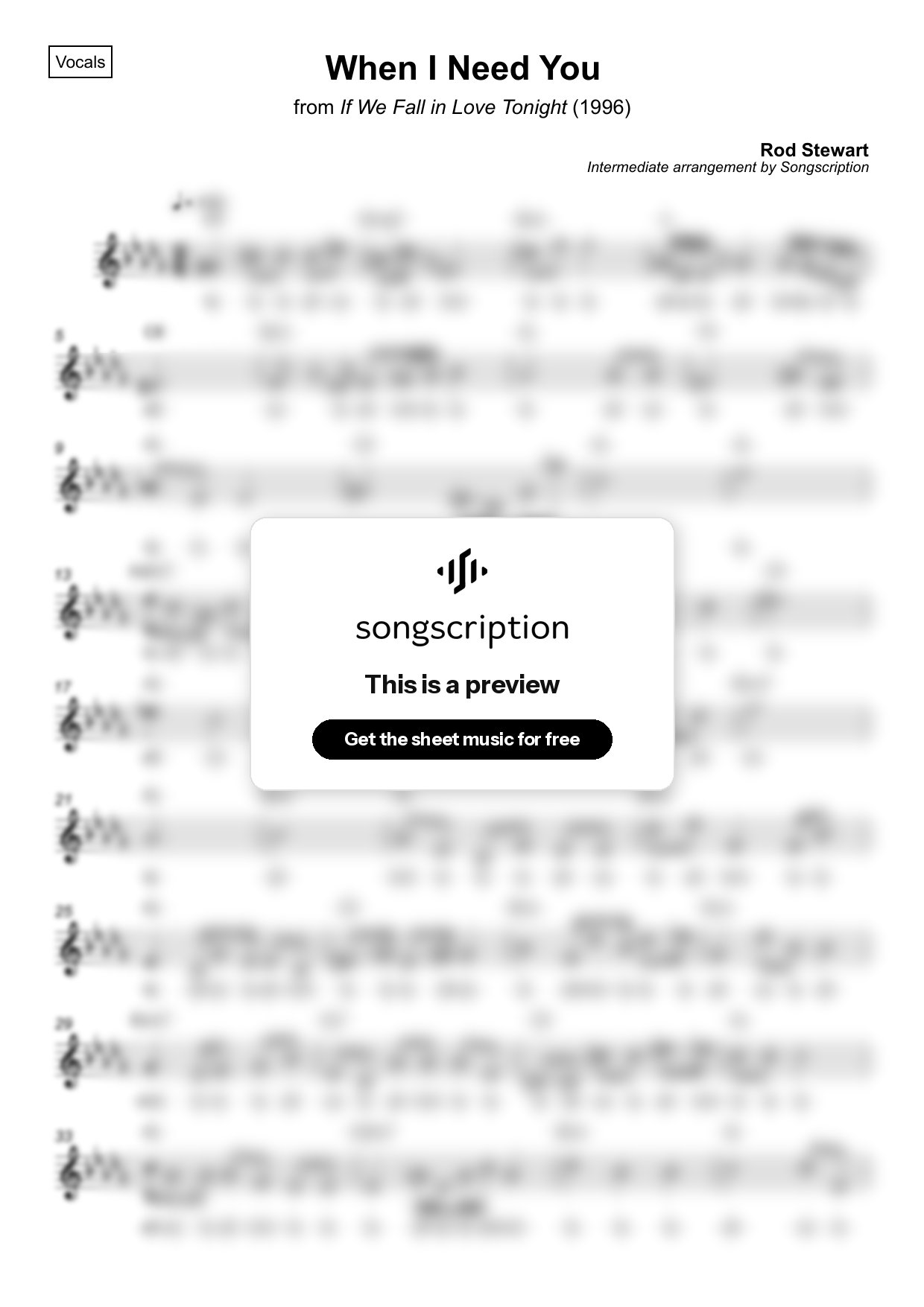 Intermediate Vocals Sheet Music for "When I Need You" by Rod Stewart