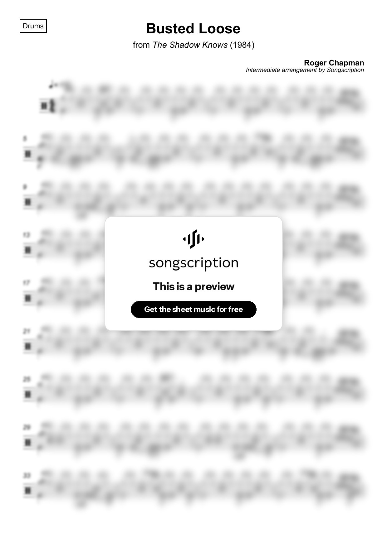 Intermediate Drums Sheet Music for "Busted Loose" by Roger Chapman