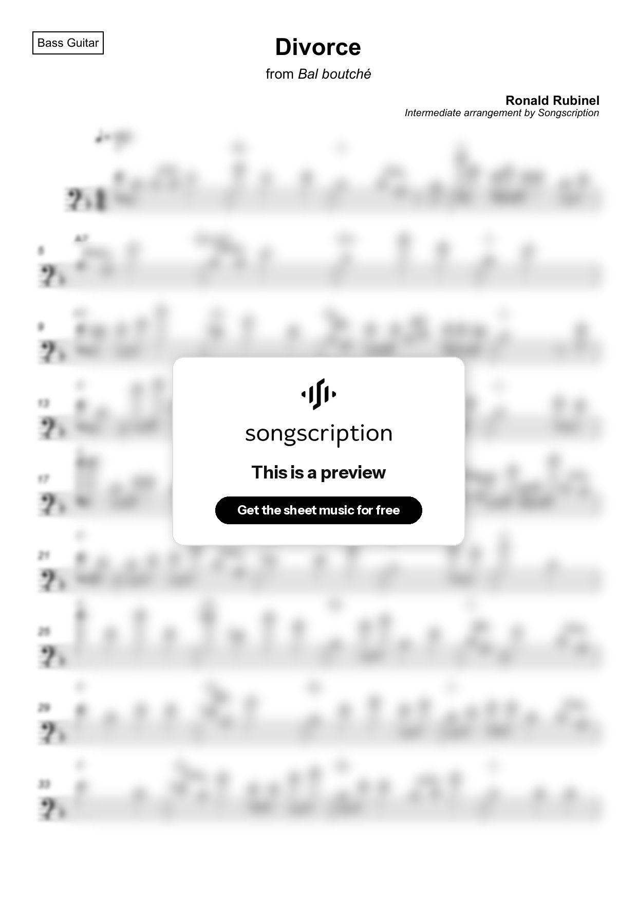 Intermediate Bass Guitar Sheet Music for "Divorce" by Ronald Rubinel