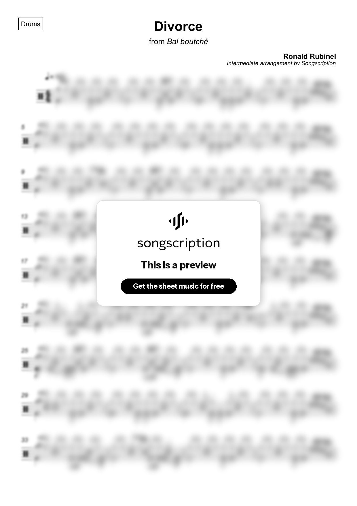 Intermediate Drums Sheet Music for "Divorce" by Ronald Rubinel