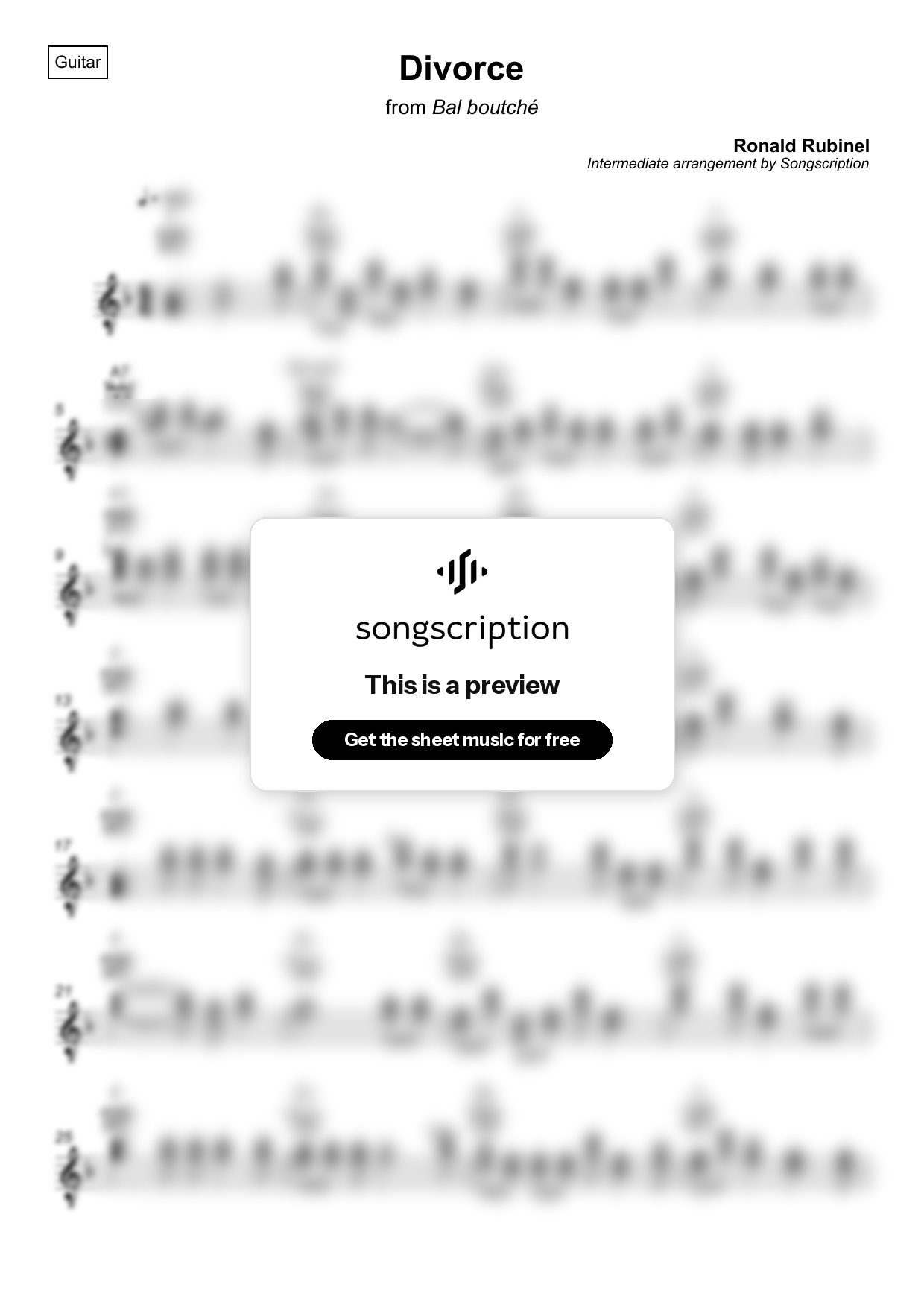 Intermediate Acoustic Guitar Sheet Music for "Divorce" by Ronald Rubinel