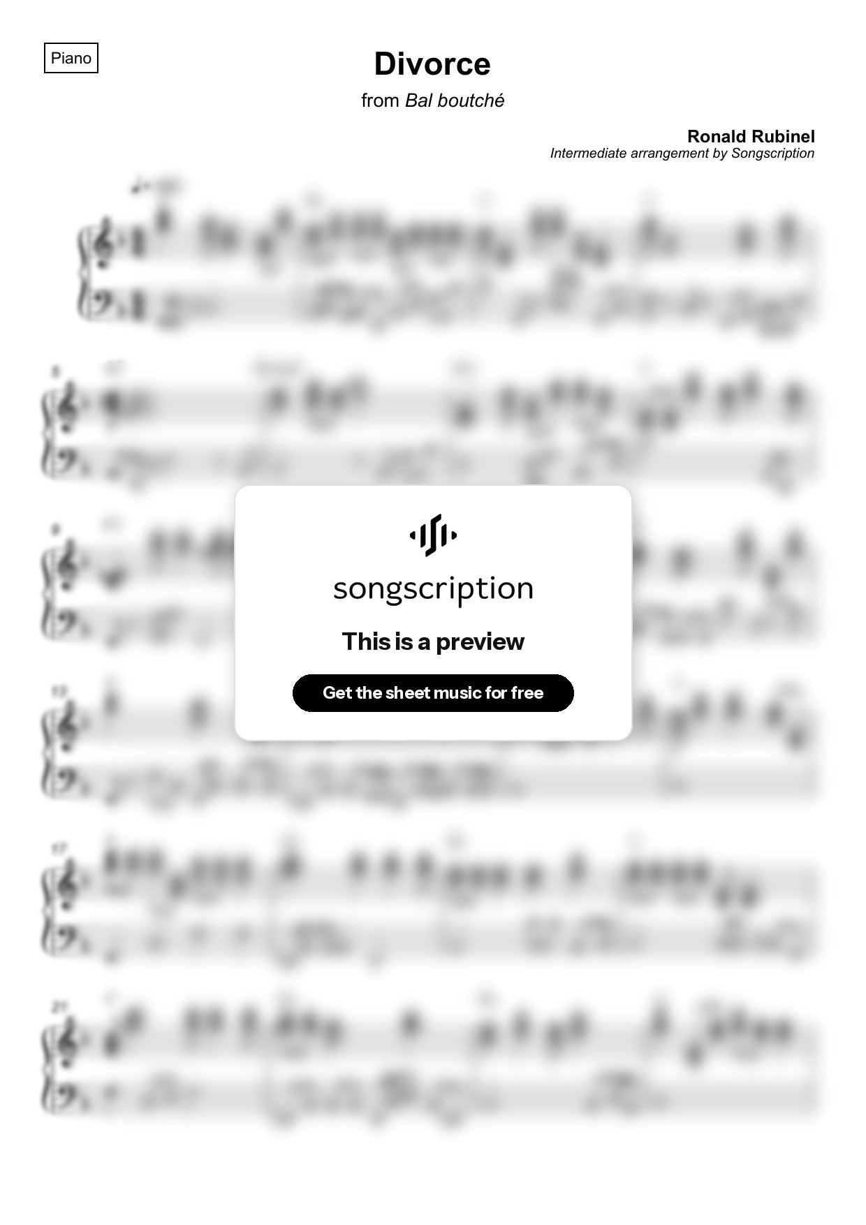Intermediate Piano Sheet Music for "Divorce" by Ronald Rubinel