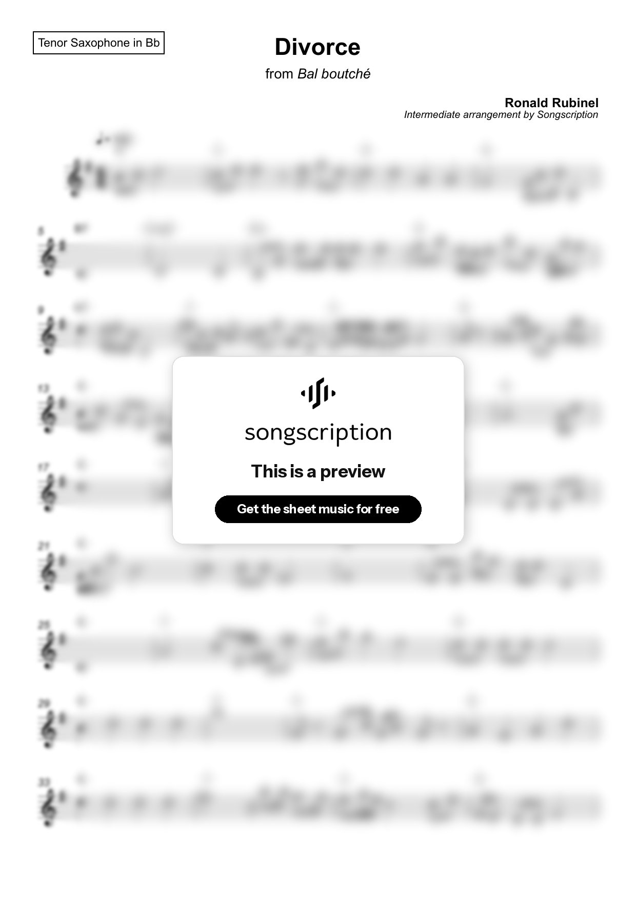 Intermediate Tenor Sax Sheet Music for "Divorce" by Ronald Rubinel